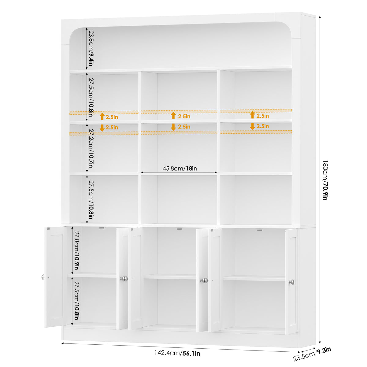 Hiphuta 71" Tall 4-Tier Bookcase with 10 Open Cubes, 56" Wide Extra Large Display Bookshelf with 4 Doors, for Living Room Home Office, White