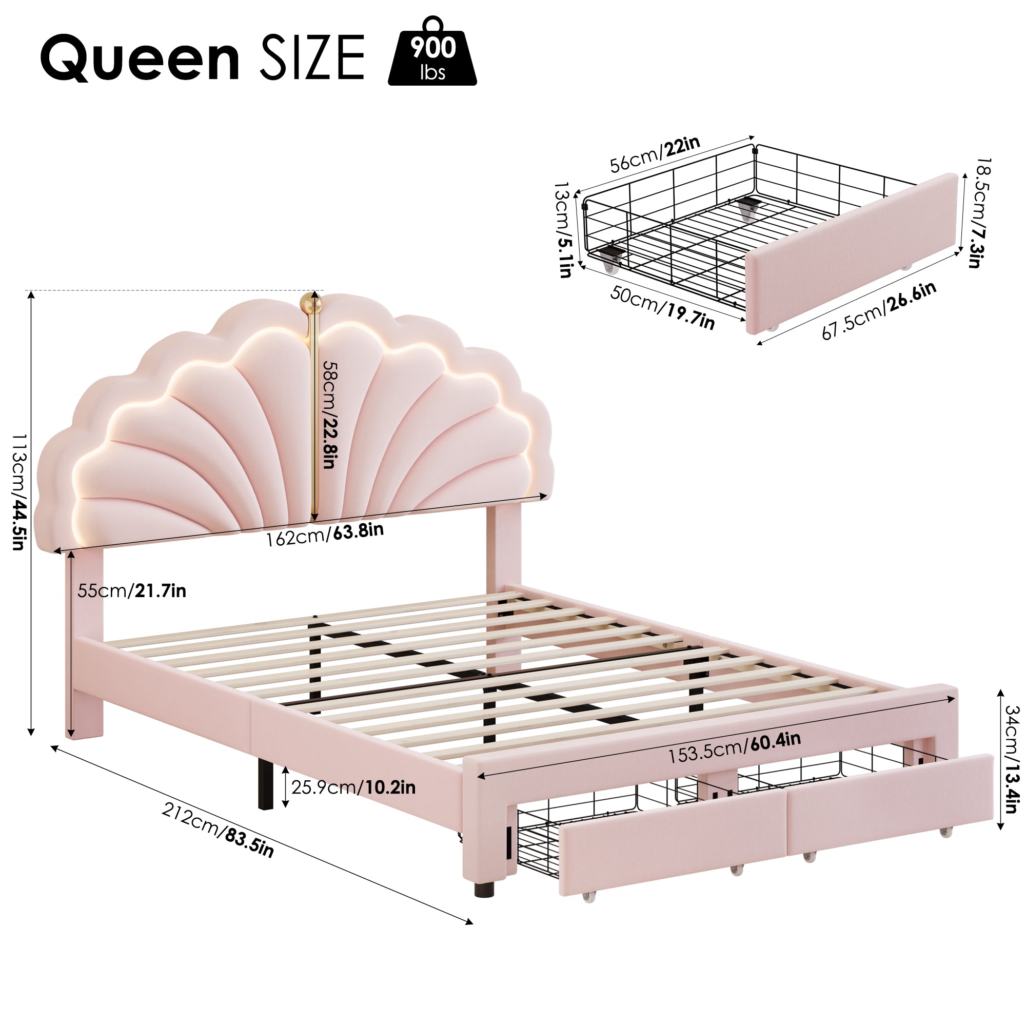 Hiphuta Kids LED Queen Bed with 2 Drawers, LED Lights Platform Bed Frame with Upholstered Tufted Headboard, No Box Spring Needed, Velvet Pink