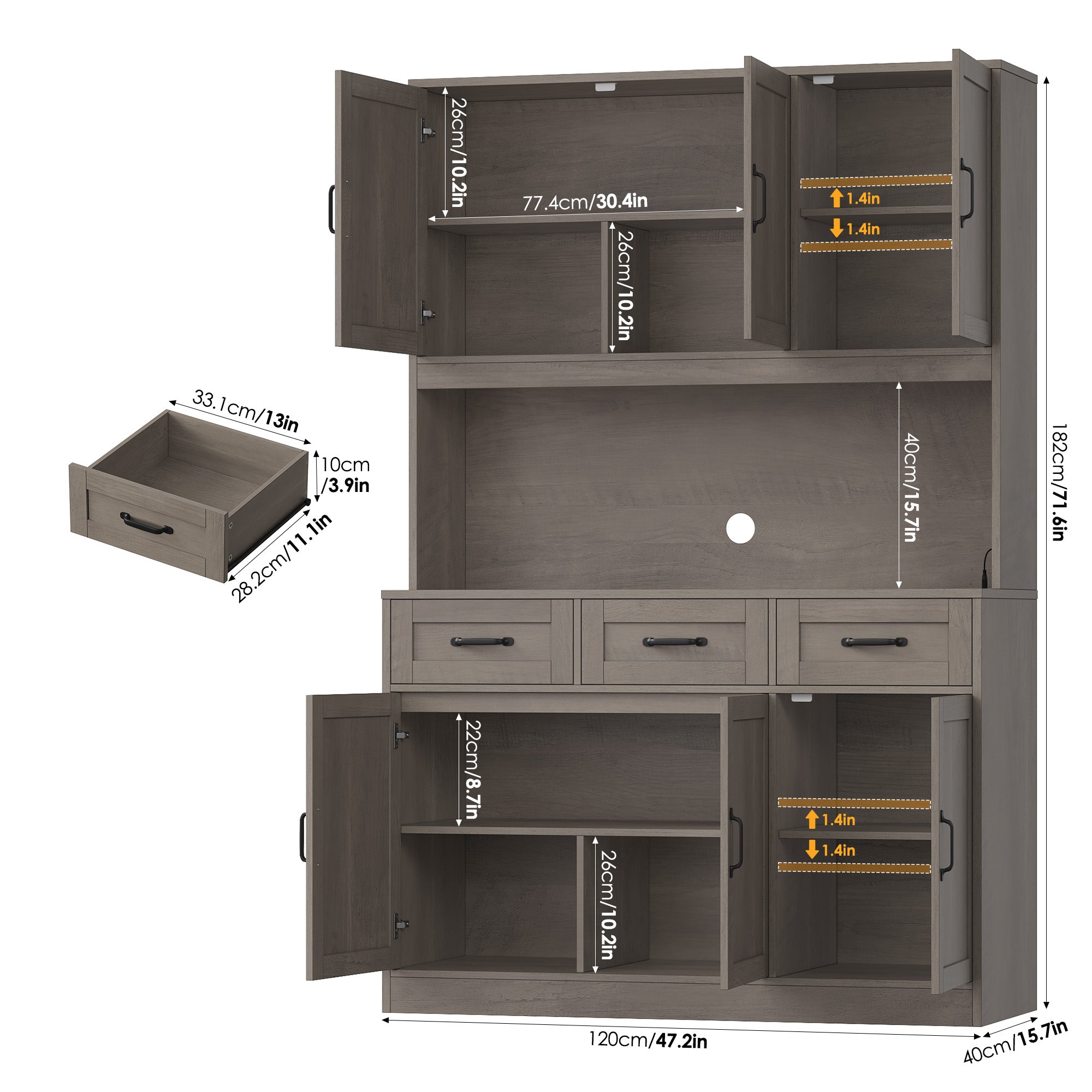 Hiphuta 72" Tall Kitchen Pantry Storgae Cabinet with RGB LED, Hutch Cabinet with Charging Station and Adjustable Shelves for Dining Room, Gray