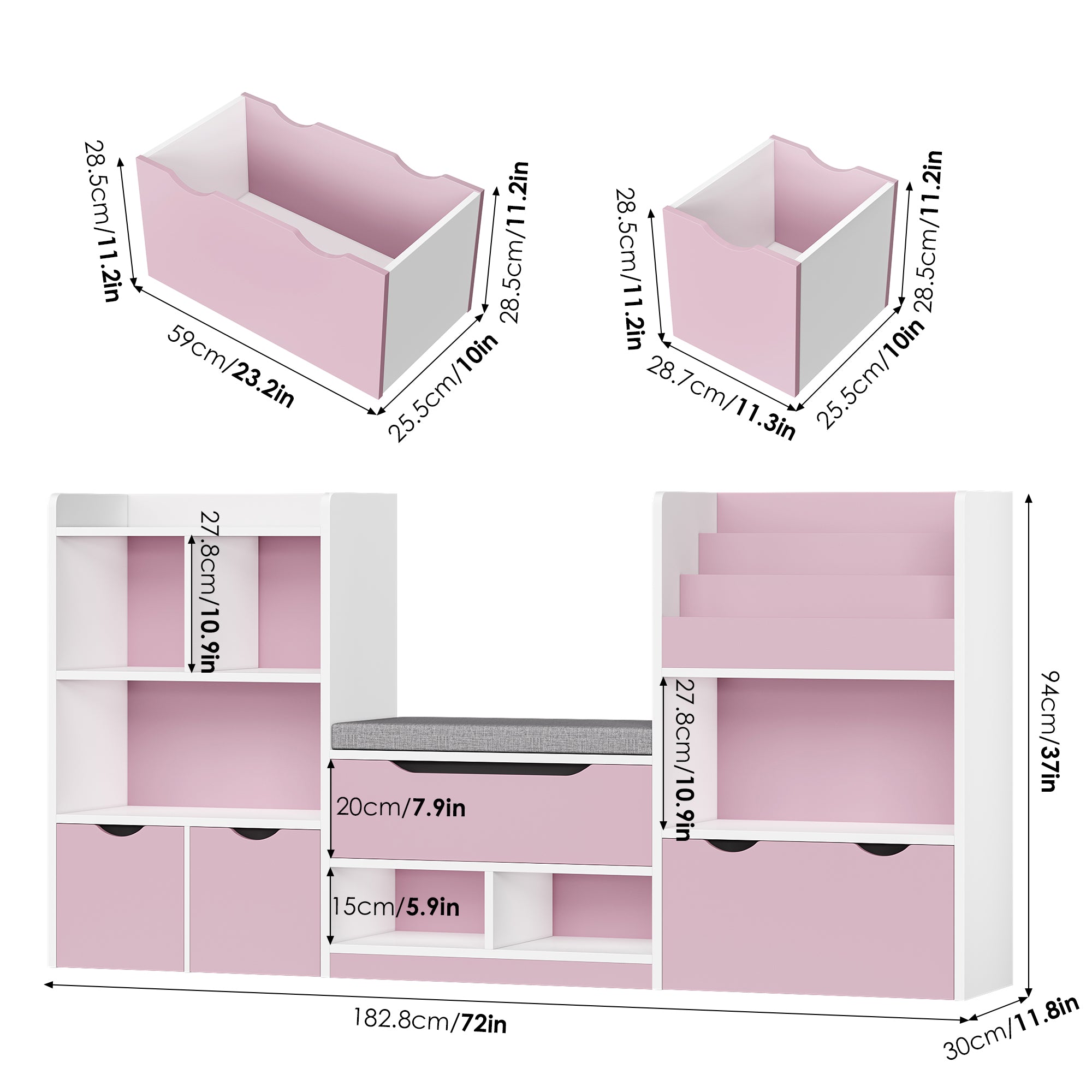 Hiphuta 72"Wide Kids Bookshelf with Reading Nook and Under Bench Storage, Kids Bookcase with Toy Organizer & Book Rack for Kids, Pink
