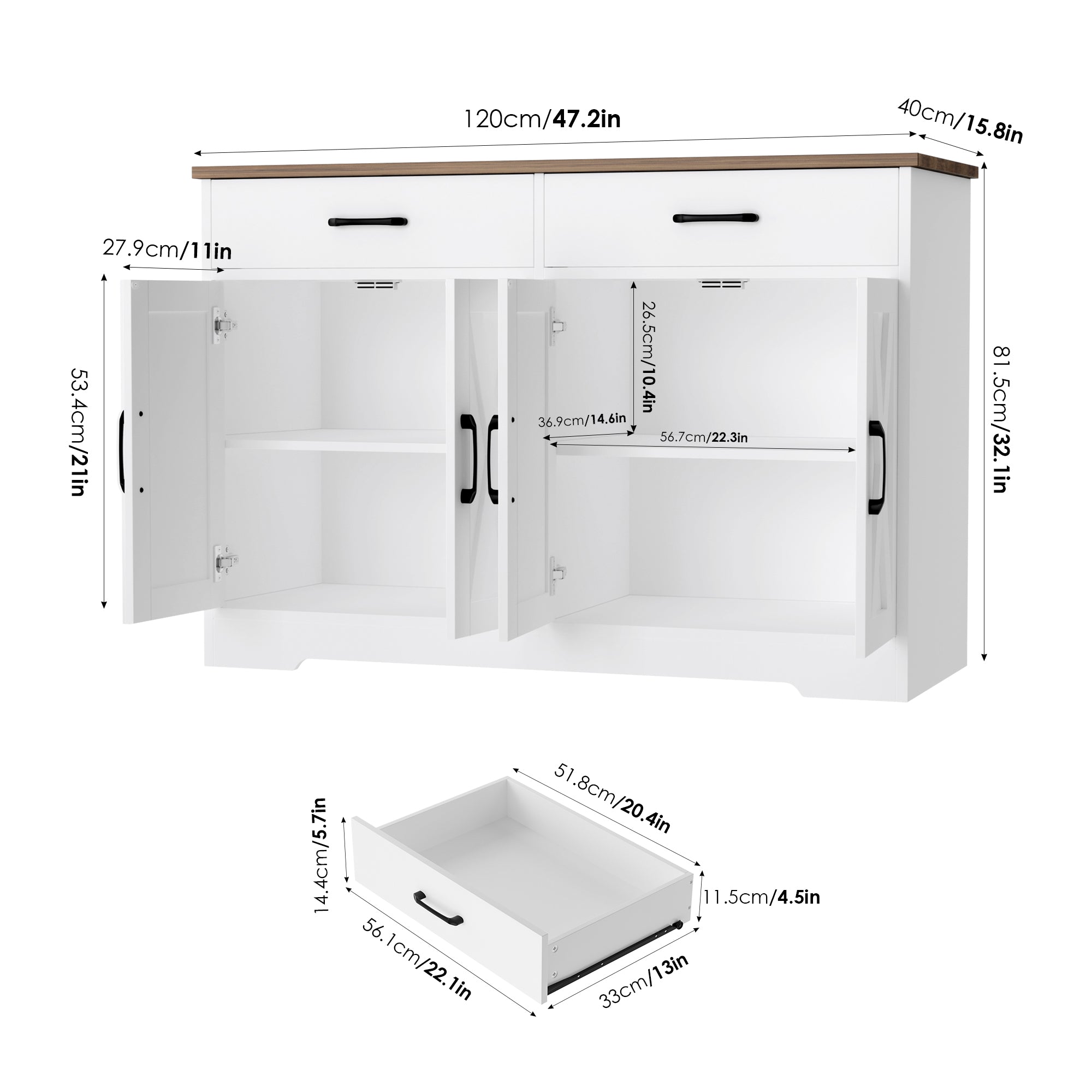Hiphuta 47" Farmhouse Sideboard Storage Cabinets with 4 Doors & 2 Drawers, Cabinet with Brown Top for Living Room, White