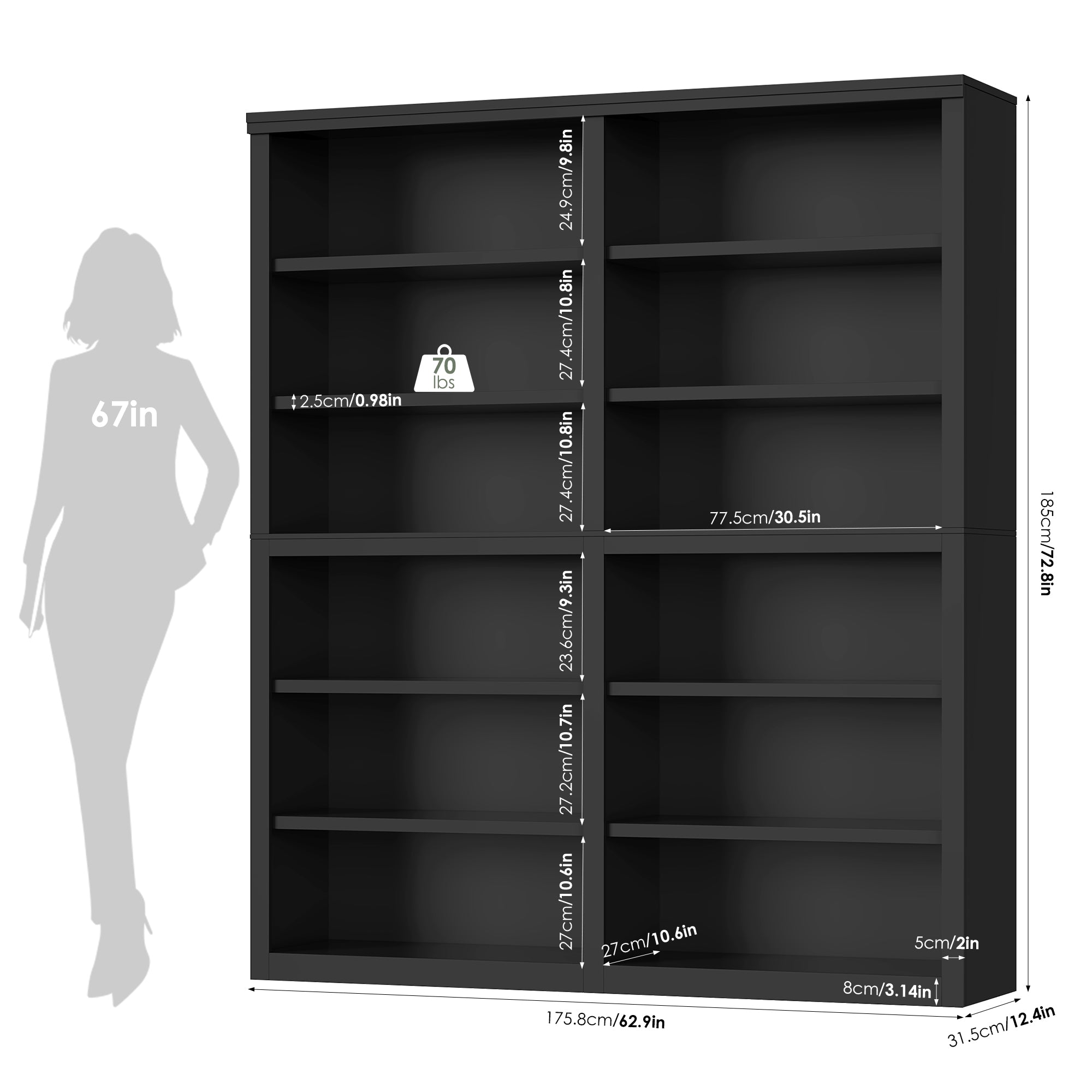 Hiphuta 63"W Extra Large and Sturdy Bookcase, Double Wide 6-Tier Bookshelf, Tall Bookcase for Home Office and Living Room, Wooden Freestanding Display Shelf, Black