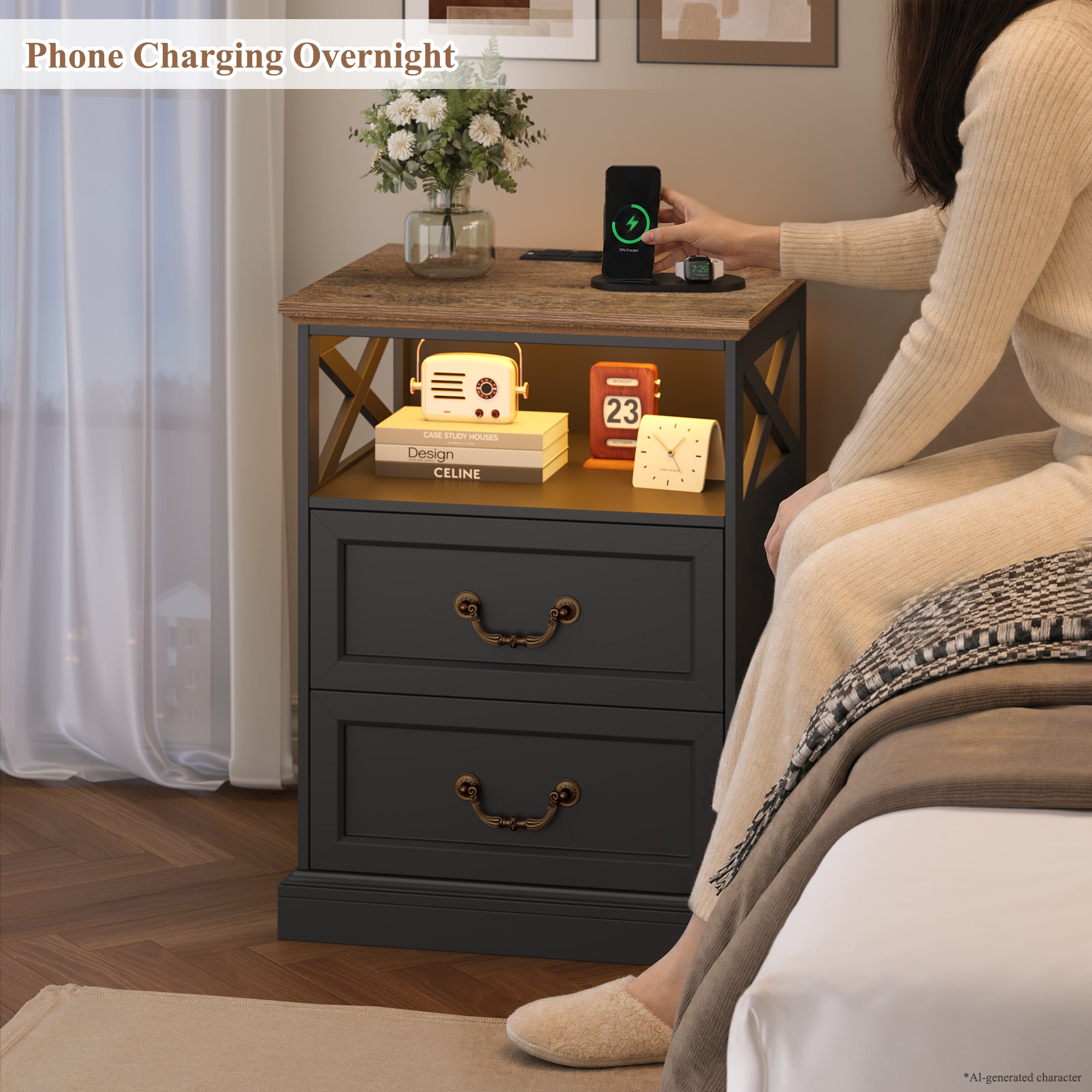 Hiphuta Farmhouse Set of 2 Nightstands with Charge Station, Wood End Table with 3 Drawers for Adult Bedroom, LEDS Bedside Table for Living Room, Black
