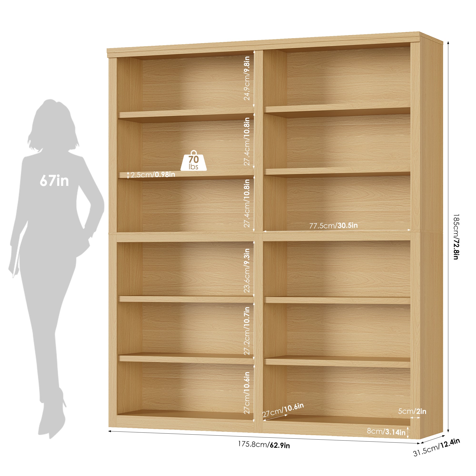 Hiphuta 63"W Extra Large and Sturdy Bookcase, Double Wide 6-Tier Bookshelf, Tall Bookcase for Home Office and Living Room, Wooden Freestanding Display Shelf, Natural