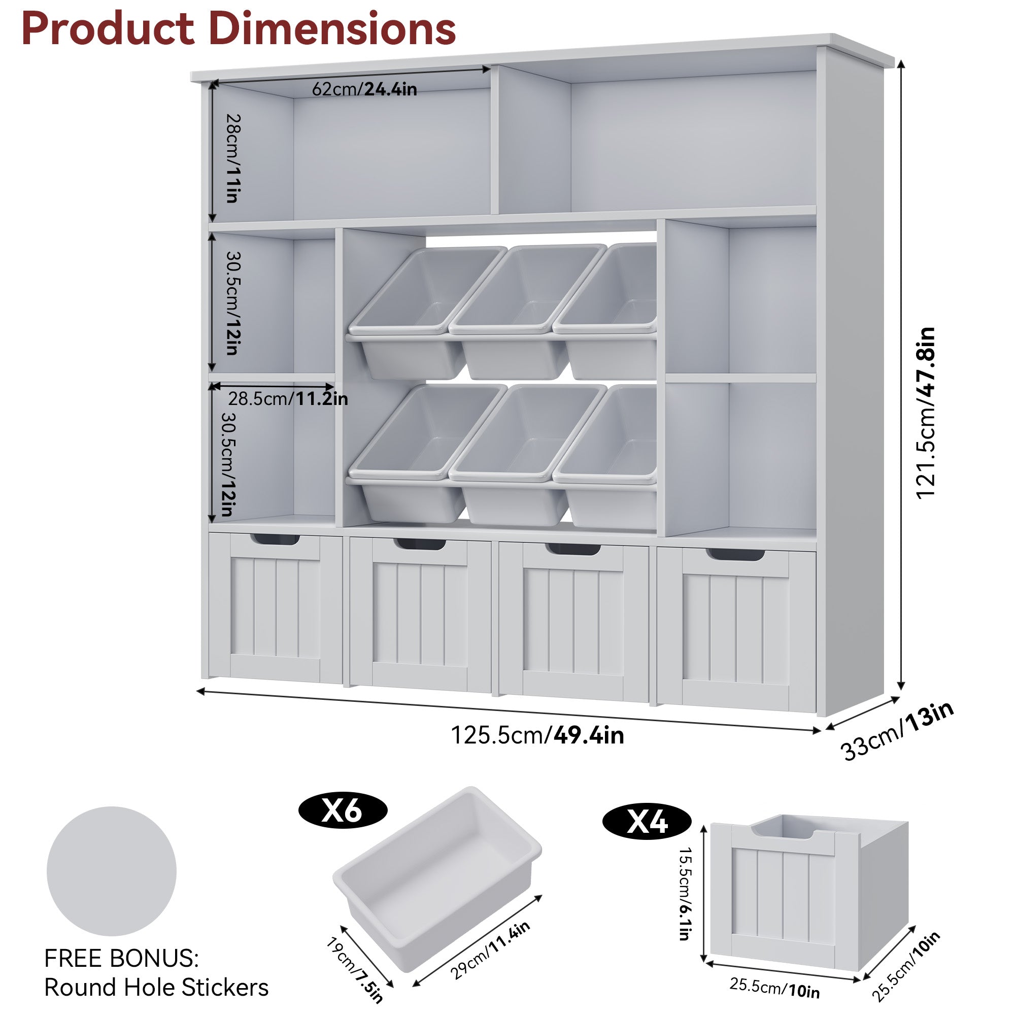 Hiphuta Large 4 Tier Kids Toy Organizer, Wood Toy Organizer of 6 Bins& 4 Removable Drawers, Children's Bookcase for Family Room, Gray