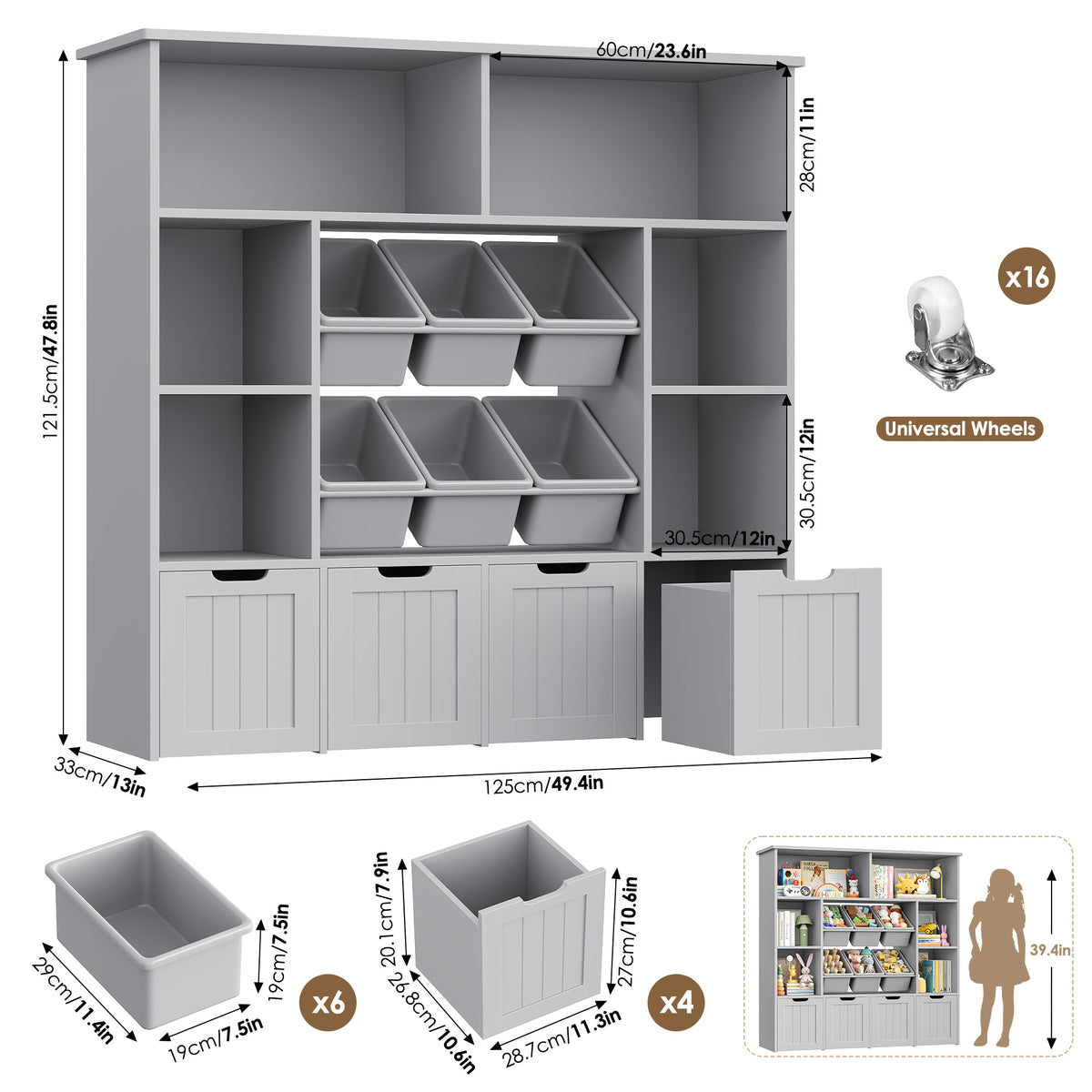 Hiphuta Large 4 Tier Kids Toy Organizer, Wood Toy Organizer of 6 Bins& 4 Removable Drawers, Children's Bookcase for Family Room, Gray