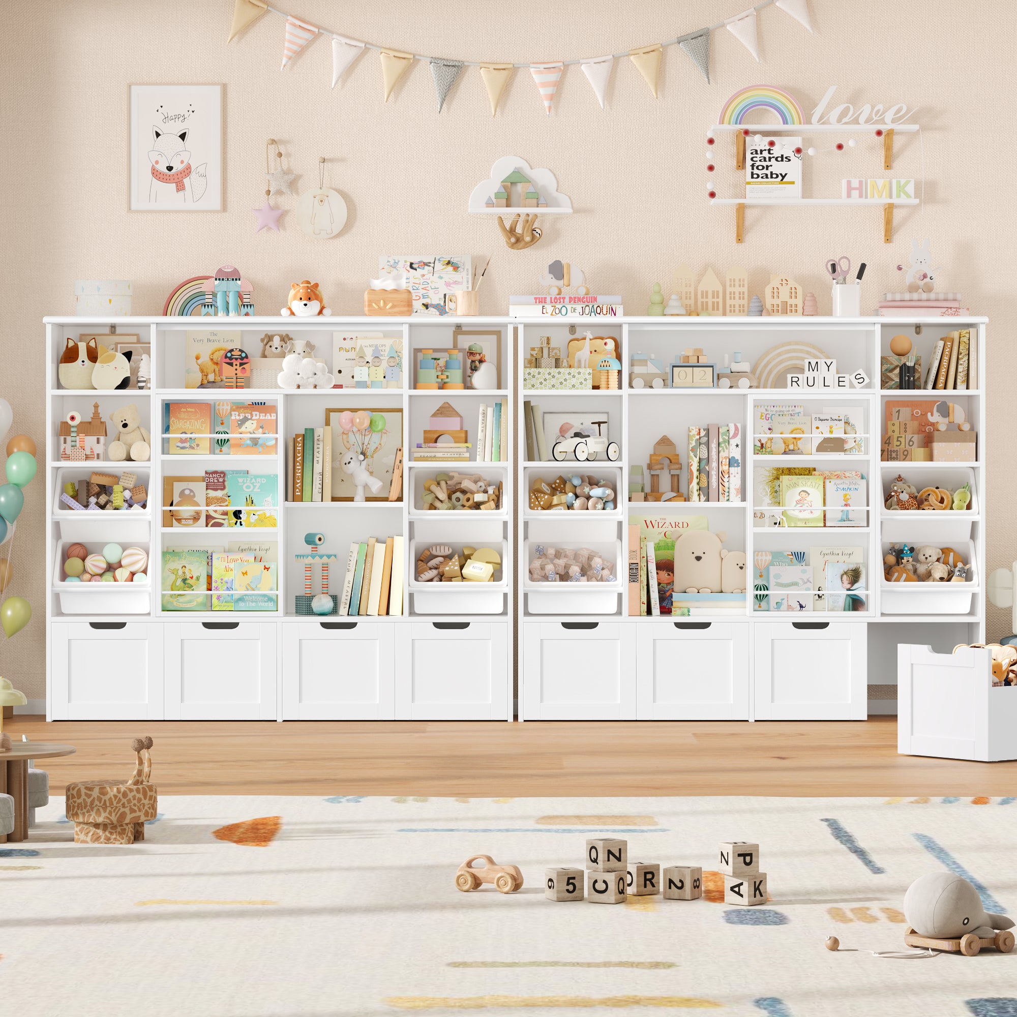 Hiphuta Kid Toy Storage with Bookshelf, Kid Toy Organizer with 4 Removable Drawers, Kid Bookcases with Toy Box for Kid Bedroom Playroom, White