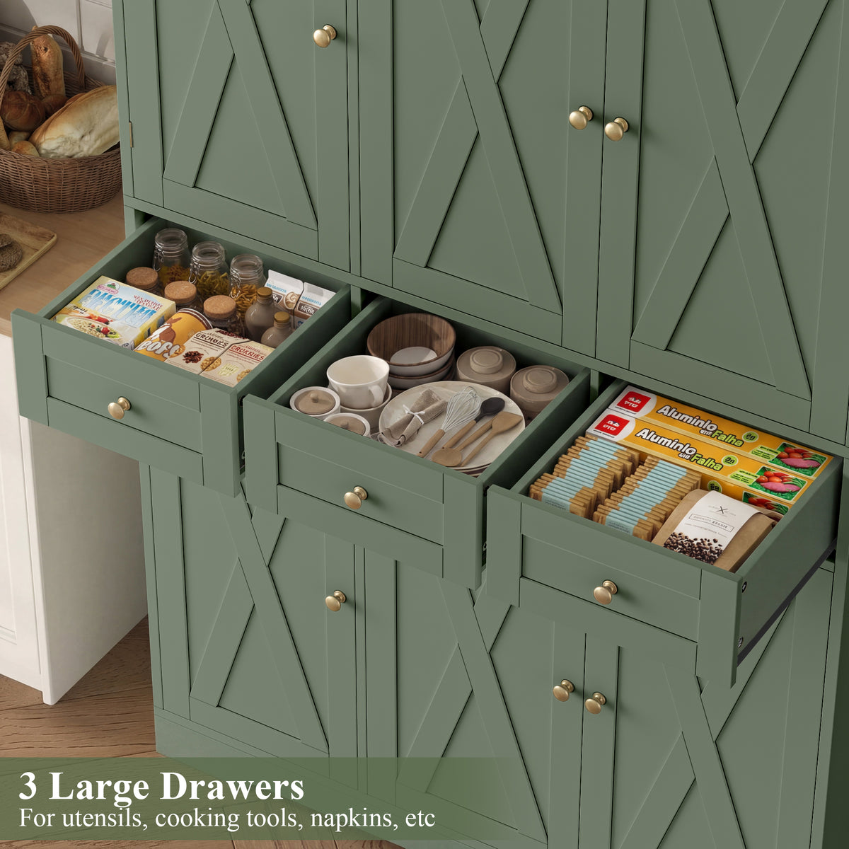 Hiphuta Farmhouse Kitchen Pantry Cabinet with Doors, Large Pantry Stroage Cabinet for Kitchen Dining Room, Green