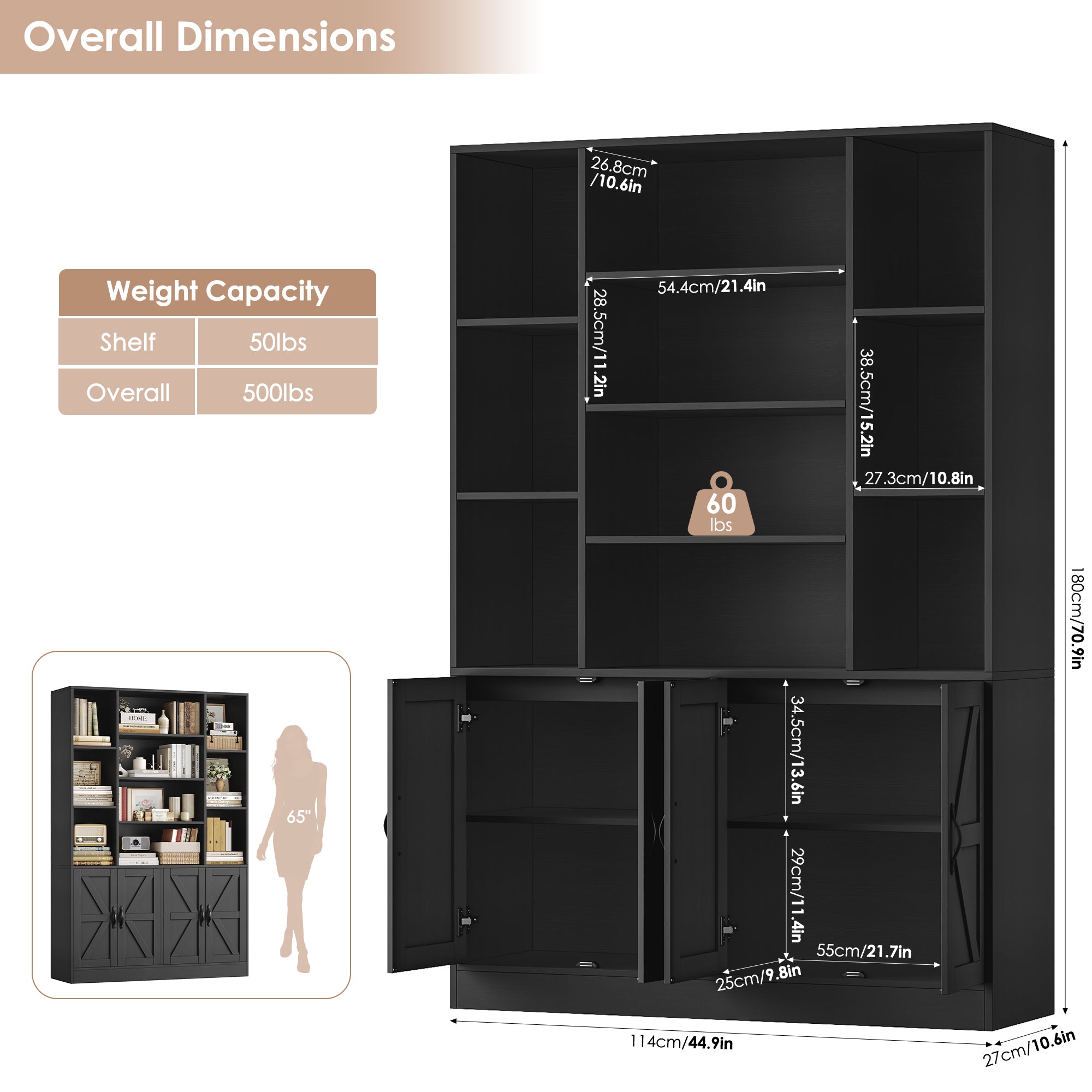 Hiphuta 75" Tall Modern Bookcases with 2 Double Door Cabinet, 47"Wide Wooden Storage Bookshelf for Living Room Home Office Entryway, Black