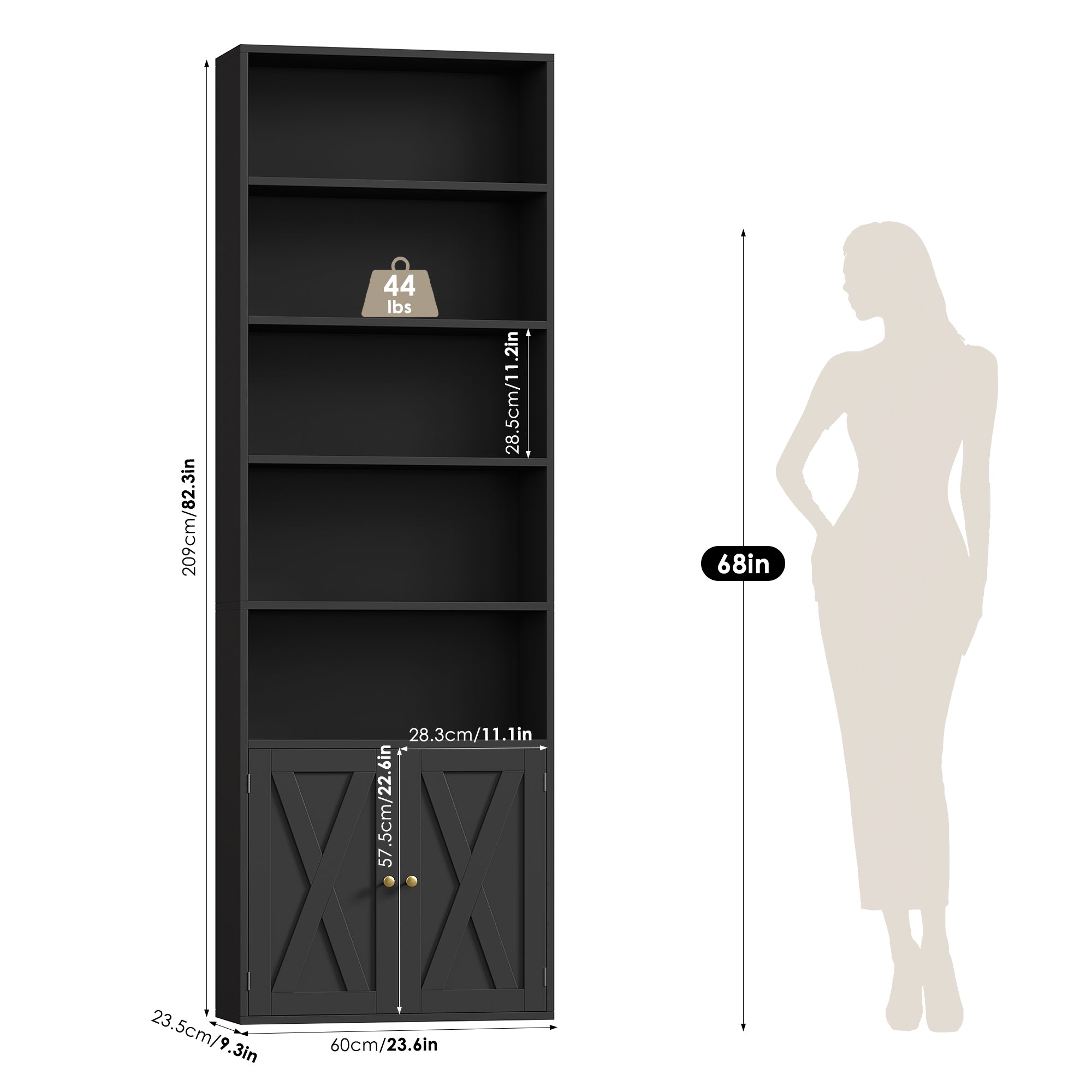 Hiphuta 81.5" Tall Bookcase with Doors, 5-Tier Bookshelves with Storage, 23.6"W Display Shelf with 2 Doors for Home Office, Living Room, Black