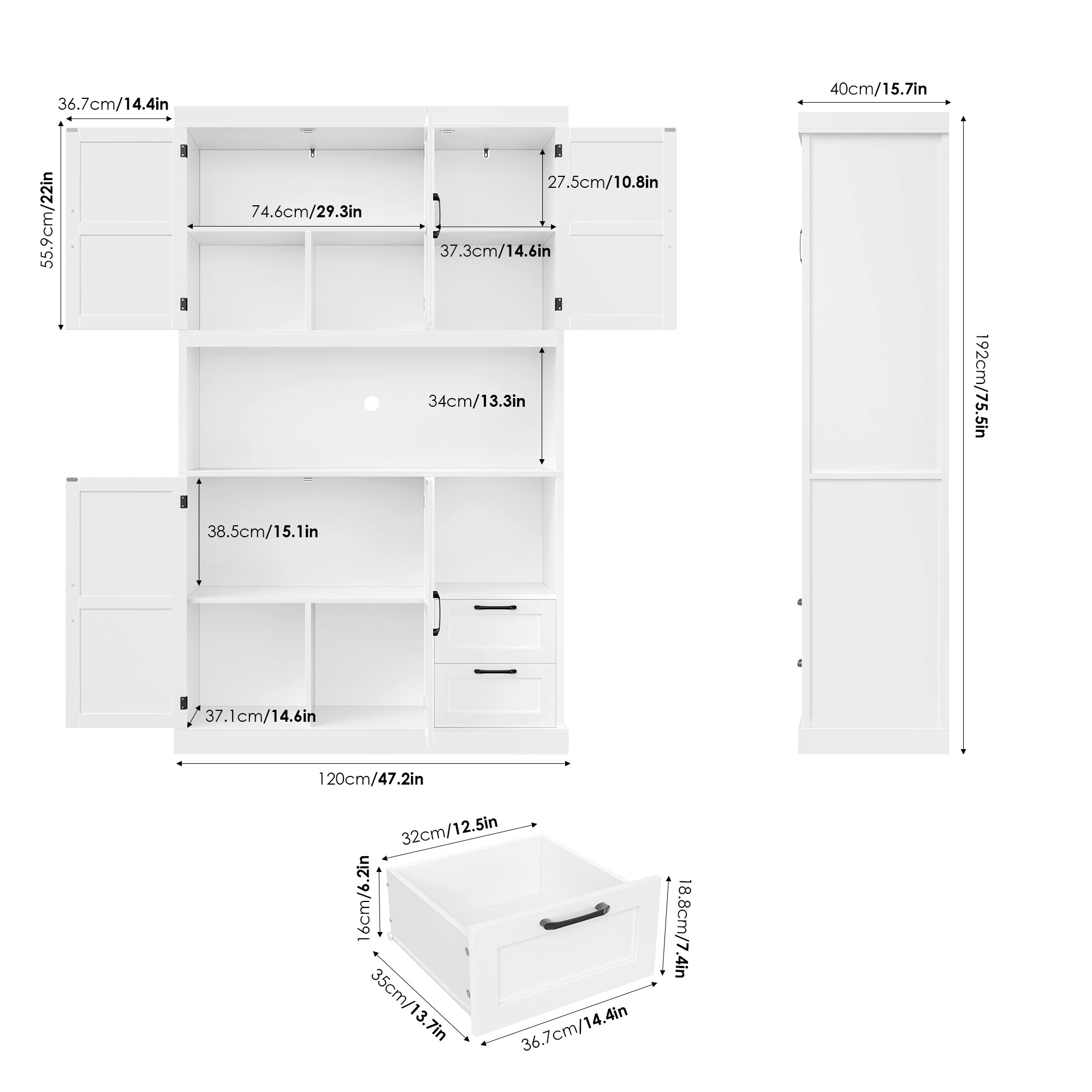 Hiphuta 76" Farmhouse Kitchen Pantry Storage Cabinet, Freestanding Hutch with 5 Doors, 2 Drawers & Microwave Stand, Cupboard for Kitchen, White