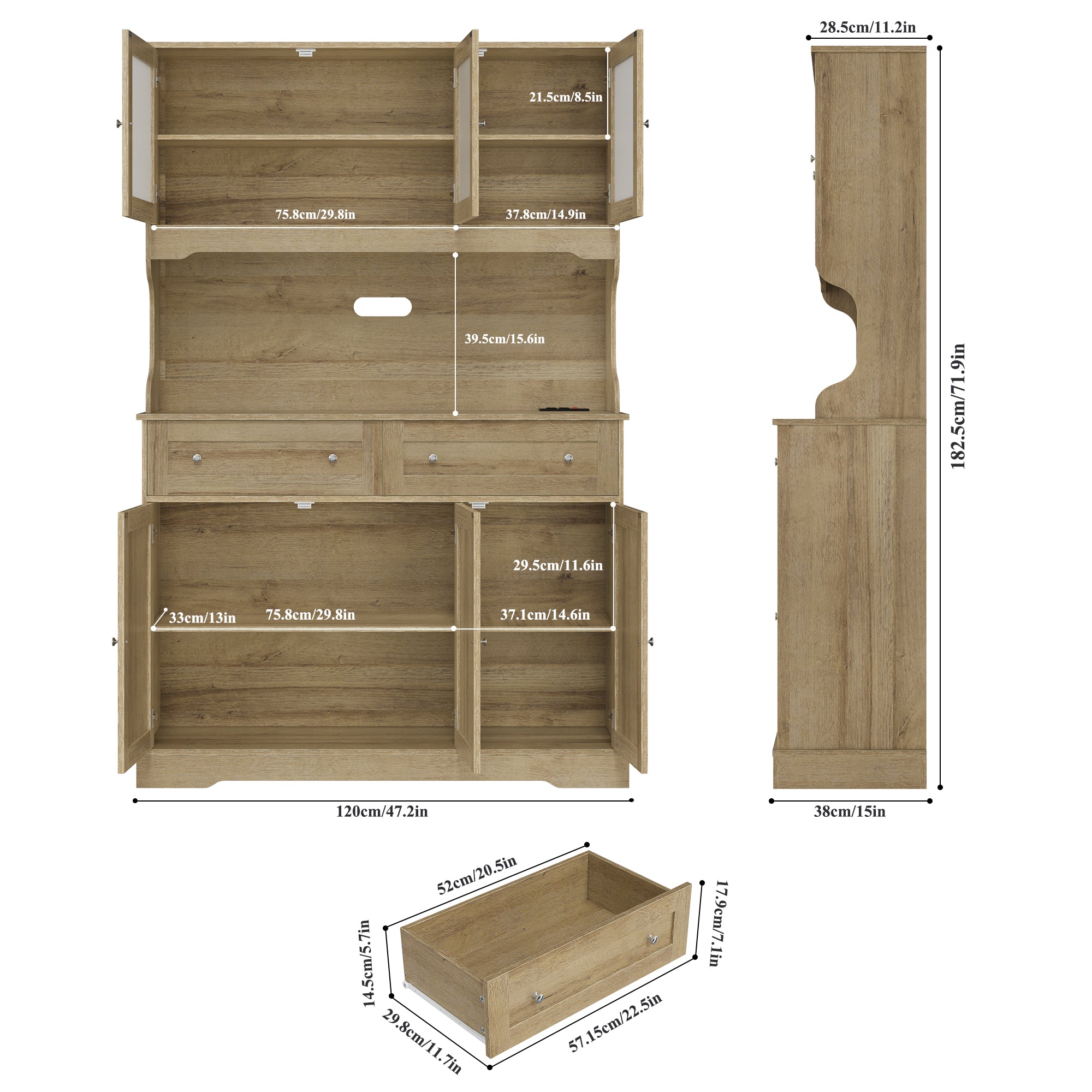 Hiphuta 72” Tall Kitchen Pantry Storage Cabinet with Power Outlet, Freestanding Cupboard Storage Buffet Hutch with Microwave Stand, Storage Pantry with Drawers & Glass Doors, Oak