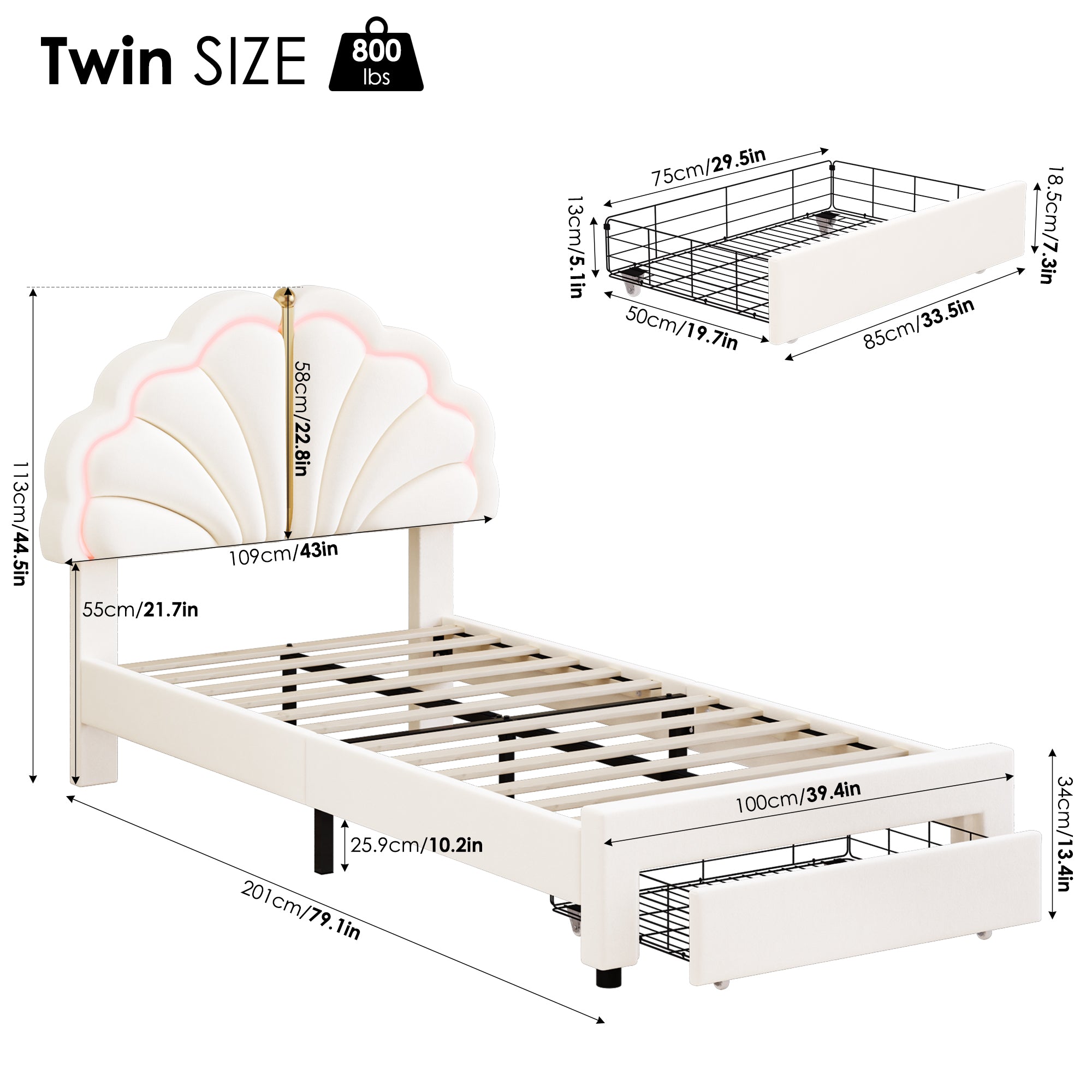 Hiphuta Kids LED Twin Bed with 2 Drawers, LED Lights Platform Bed Frame with Upholstered Tufted Headboard, No Box Spring Needed, Velvet White