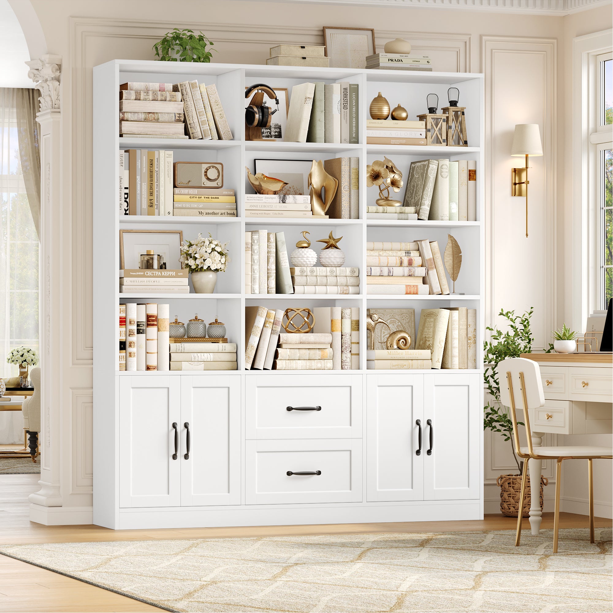 Hiphuta Triple Row 4-tier Bookcase, Large Bookcase with 4 Doors and 2 Drawers, Modern Minimalist Bookcase for Office Living Room, White