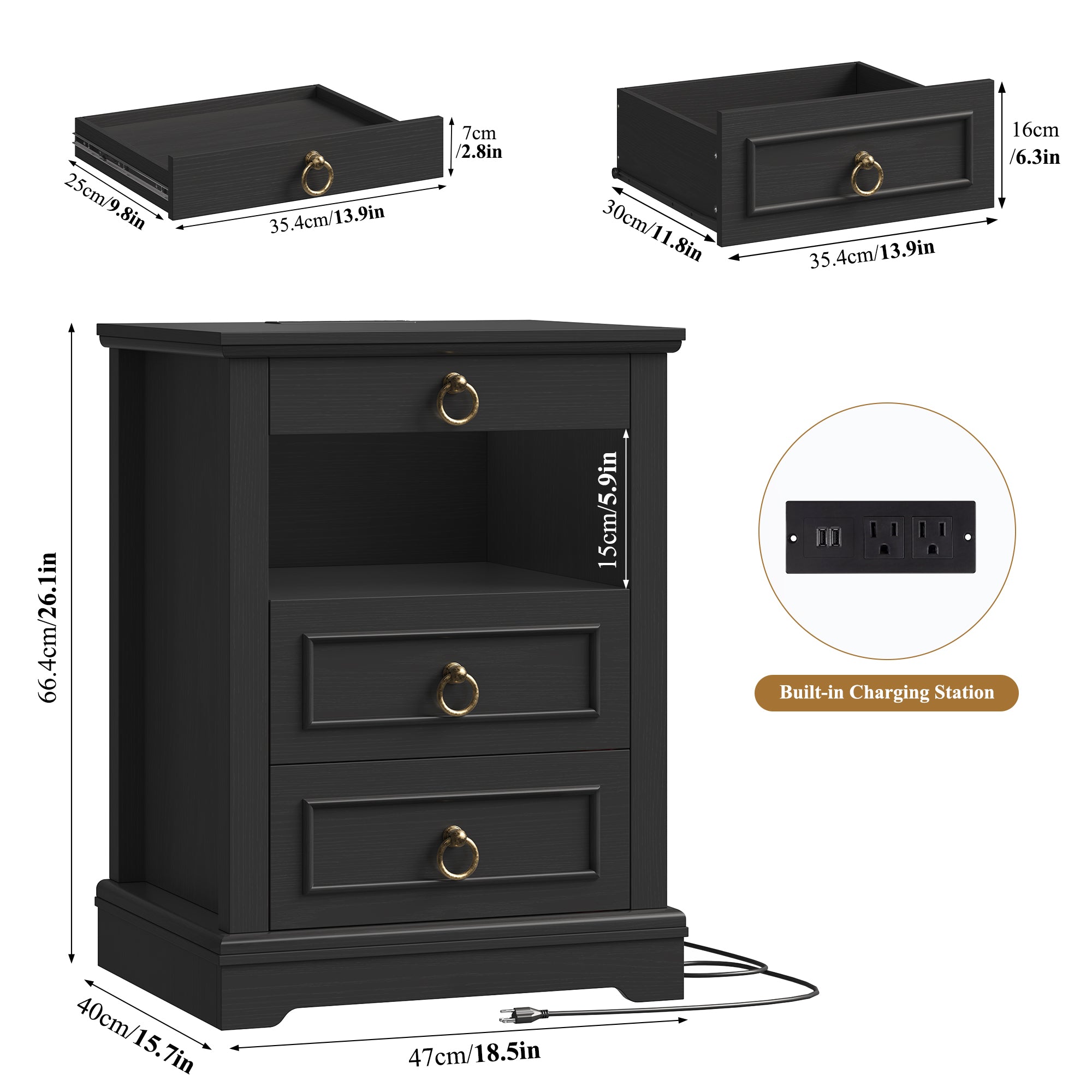 Hiphuta RGB LED Nightstands Set of 2, 3-Drawer Sofa Tables with Charging Station and Retro Handles, for Bedroom Living Room, Black