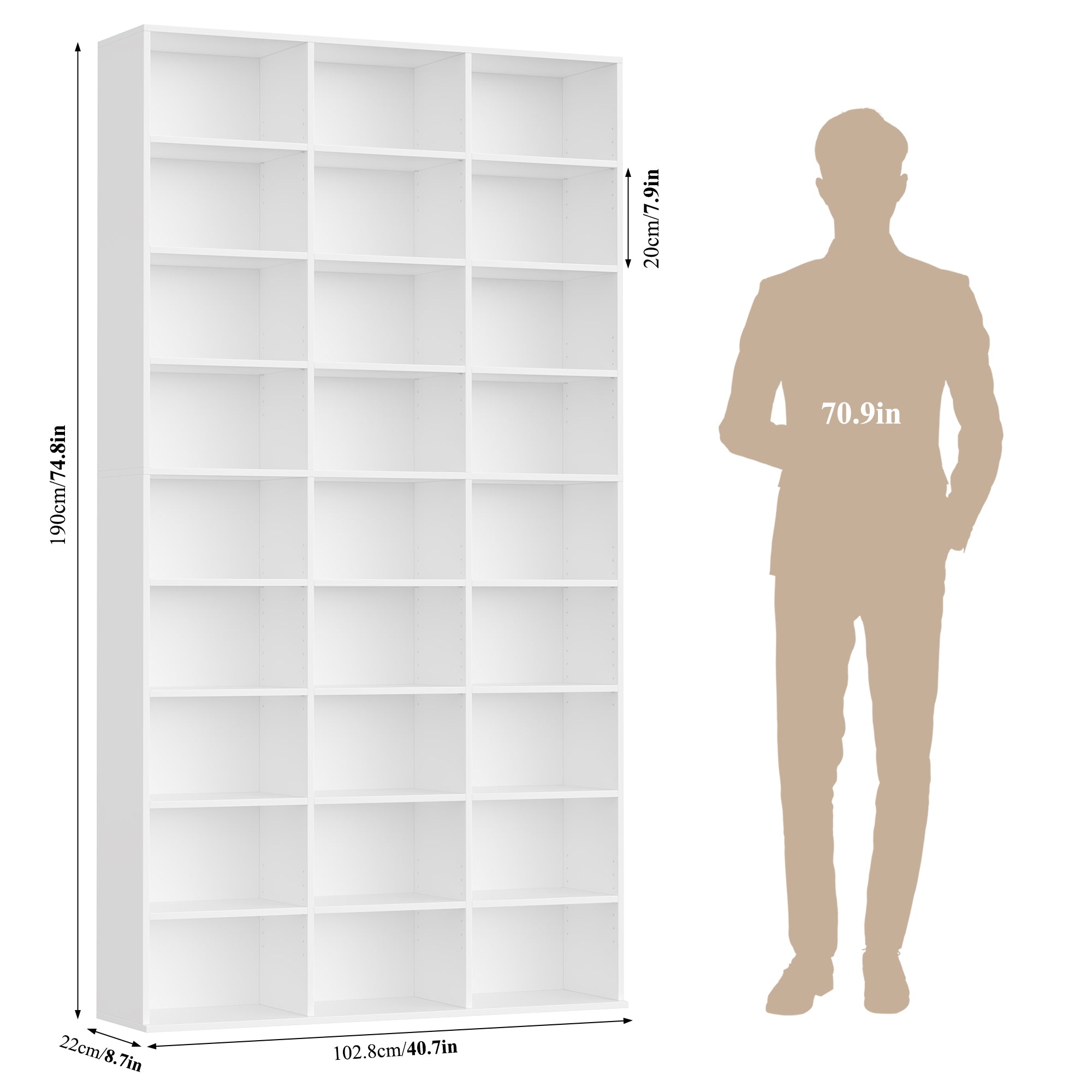 Hiphuta 27-Cube 9-Tier Bookcase, 75" Tall Triple-Wide CD Media Storage Organizer with 15 Adjustable Shelves, Freestanding Display Shelf, White