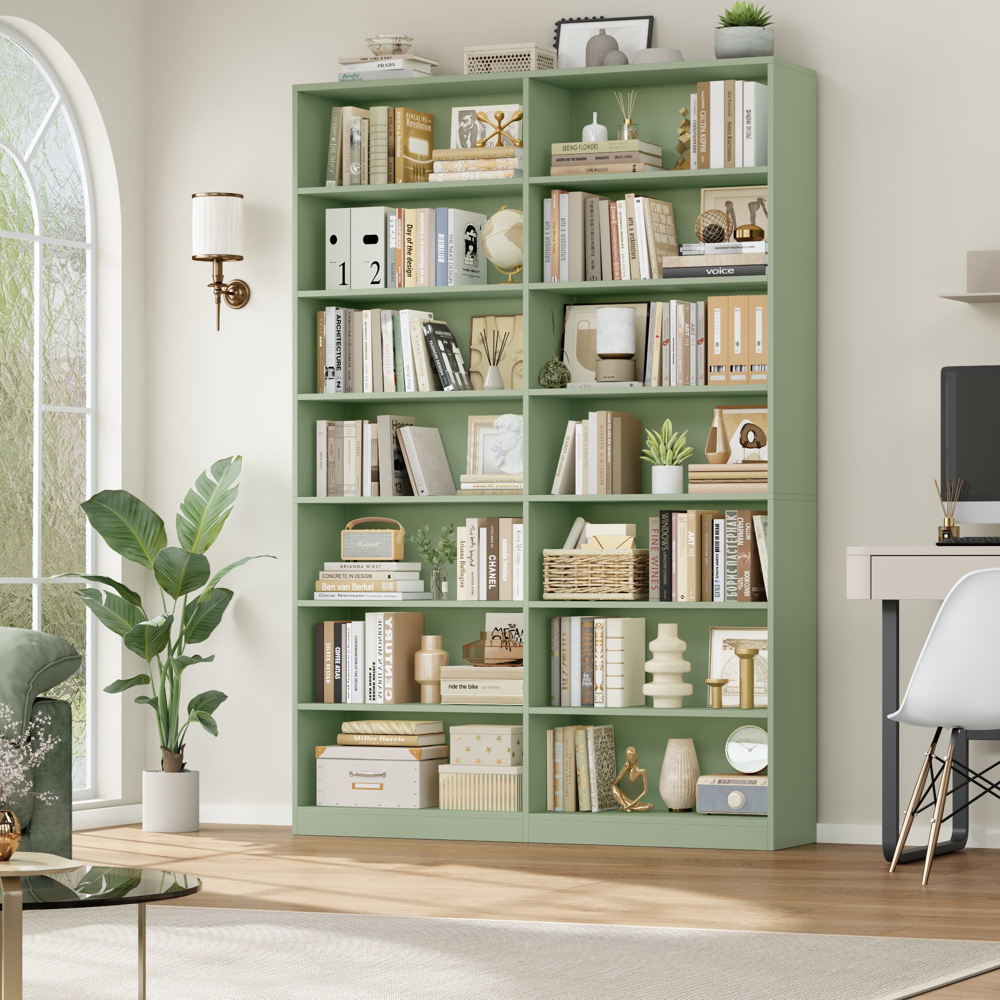Hiphuta 84"H Wooden Double 7-Tier Tall Bookcase, Standard Bookcase for Living Room and Office, Freestanding Display Storage Shelves, Green