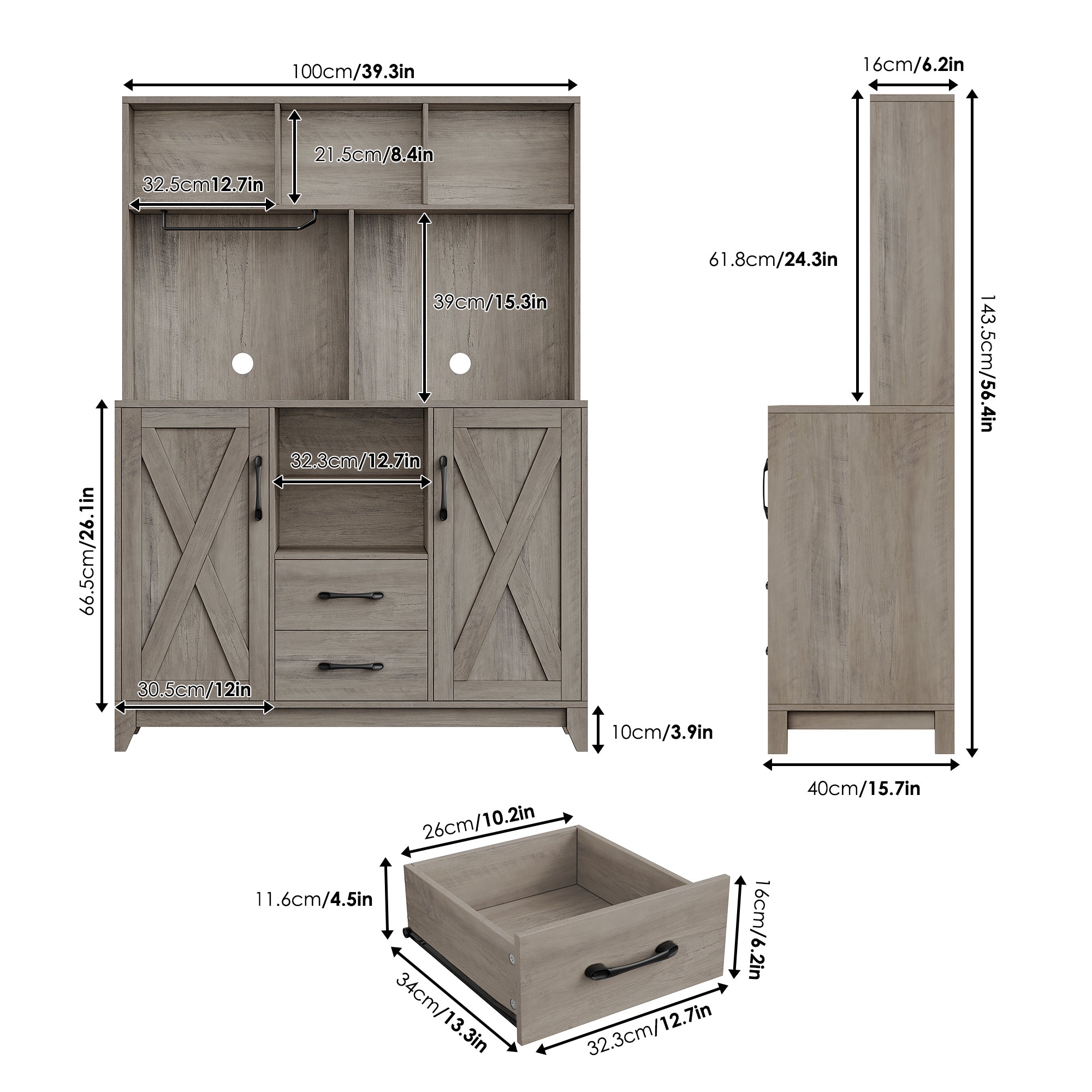 Hiphuta Kitchen Pantry Storage Cabinet, Food Pantry Cabinet with Microwave Stand, Farmhouse Wine Bar Cabinet, Coffee Bar Hutch with Wine Rack for Dining Room, Living Room, Ash Gray