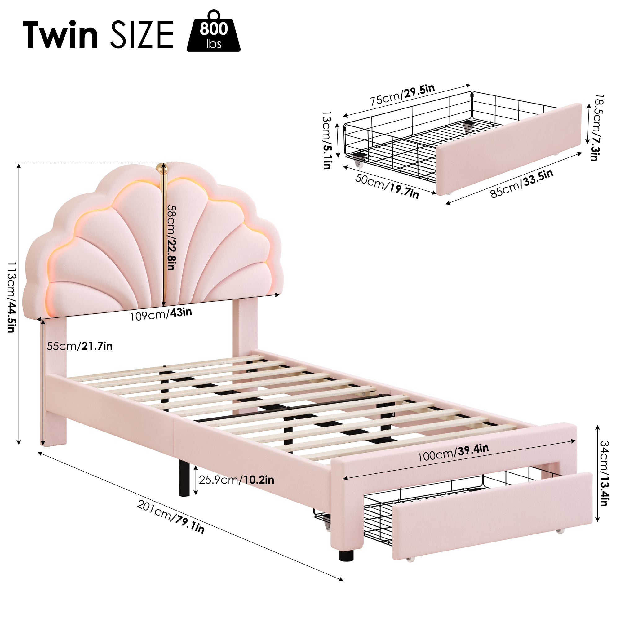 Hiphuta Kids LED Twin Bed with 2 Drawers, LED Lights Platform Bed Frame with Upholstered Tufted Headboard, No Box Spring Needed, Velvet Pink