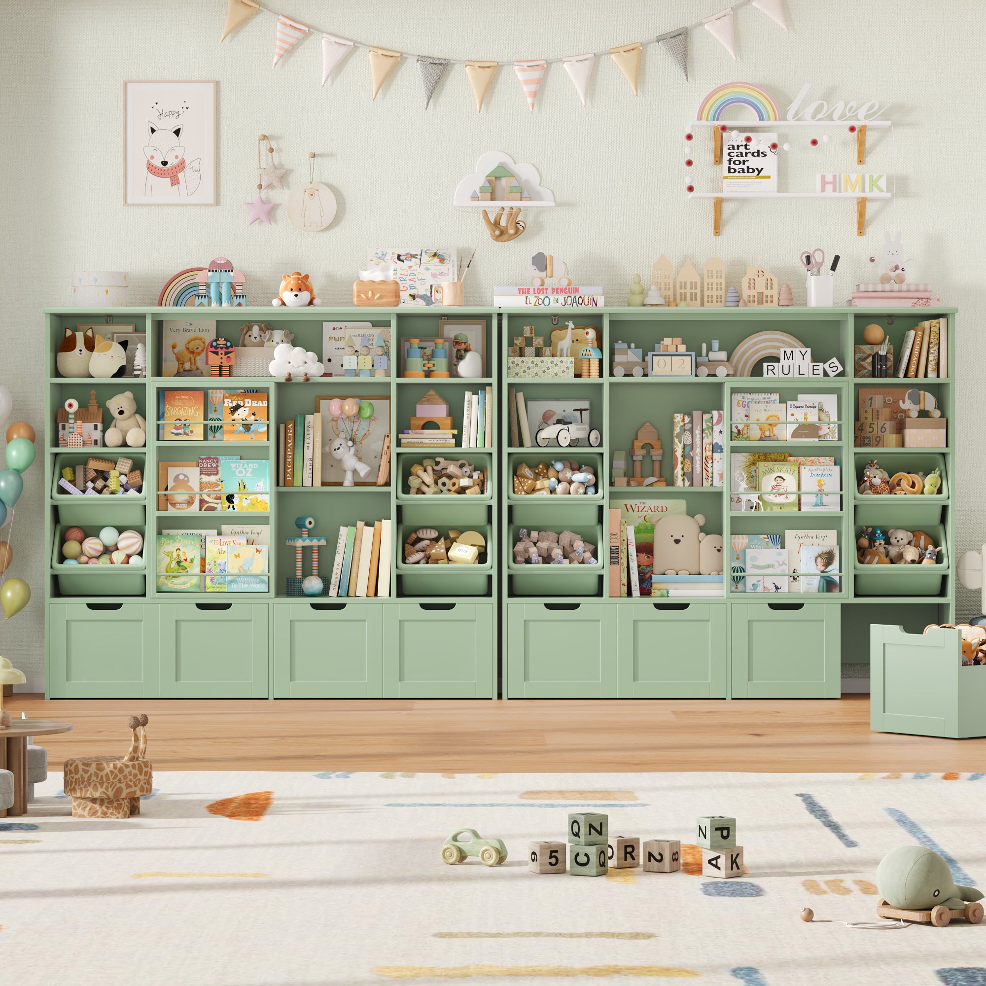 Hiphuta Kid Toy Storage with Bookshelf, Kid Toy Organizer with 4 Removable Drawers, Kid Bookcases with Toy Box for Kid Bedroom Playroom, Green