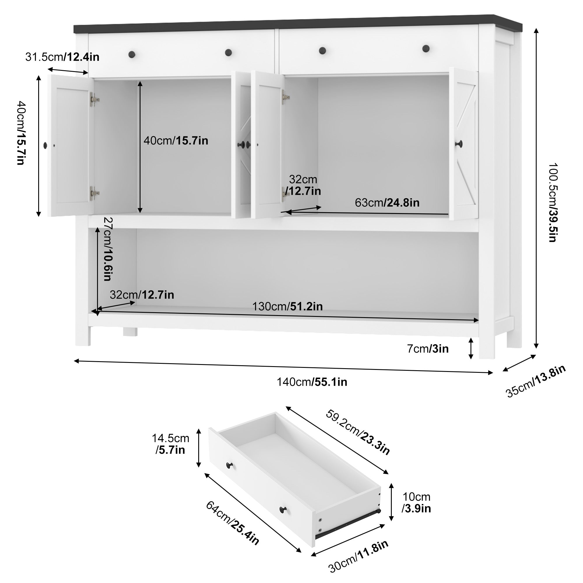 Hiphuta 55" Wide Console Table with 2 Drawers and 2 Double-Door Cabinet, Farmhouse Sideboard with Black Top, White