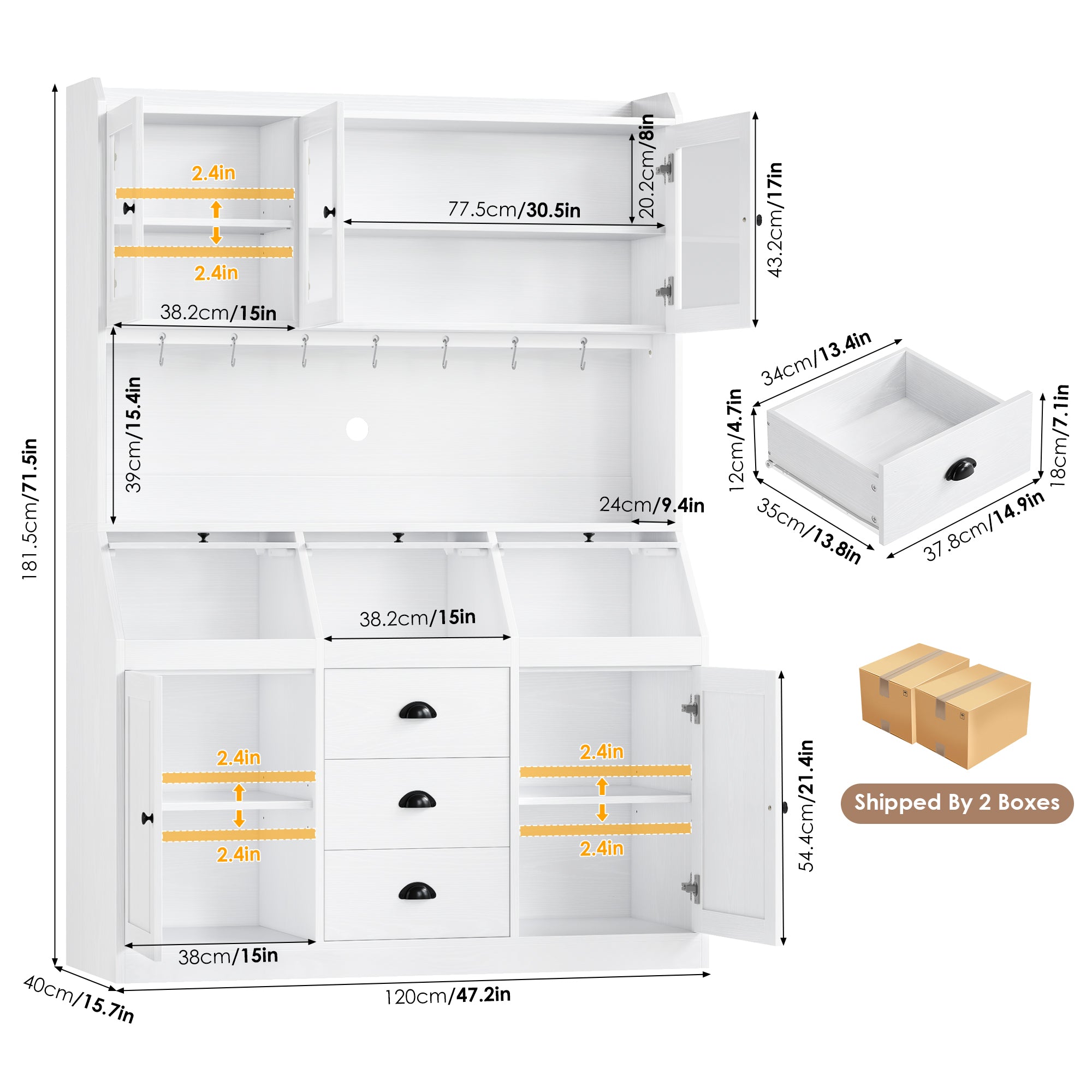 Hiphuta Farmhouse Kitchen Pantry Storage Cabinet, 71”H Freestanding Hutch with 8 Doors and 3 Drawers for Dining and Living Room, White