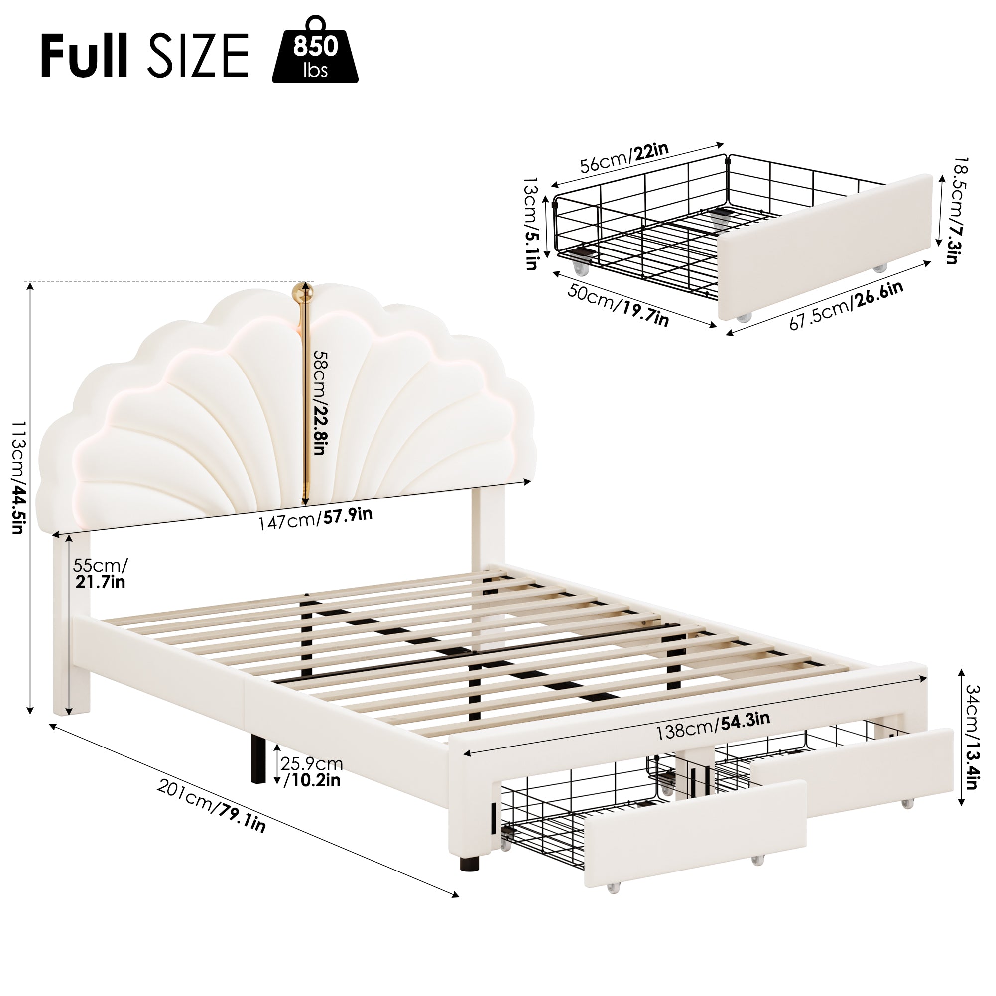 Hiphuta Kids LED Full Bed with 2 Drawers, LED Lights Platform Bed Frame with Upholstered Tufted Headboard, No Box Spring Needed, Velvet White