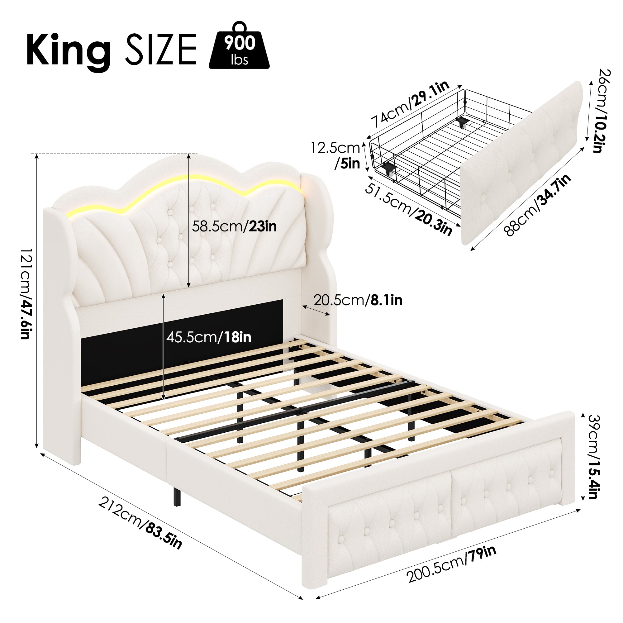 Hiphuta King LED Bed with 2 Drawers, LED Lights Platform Bed Frame with Upholstered Button Tufted Headboard, No Box Spring Needed, Velvet White