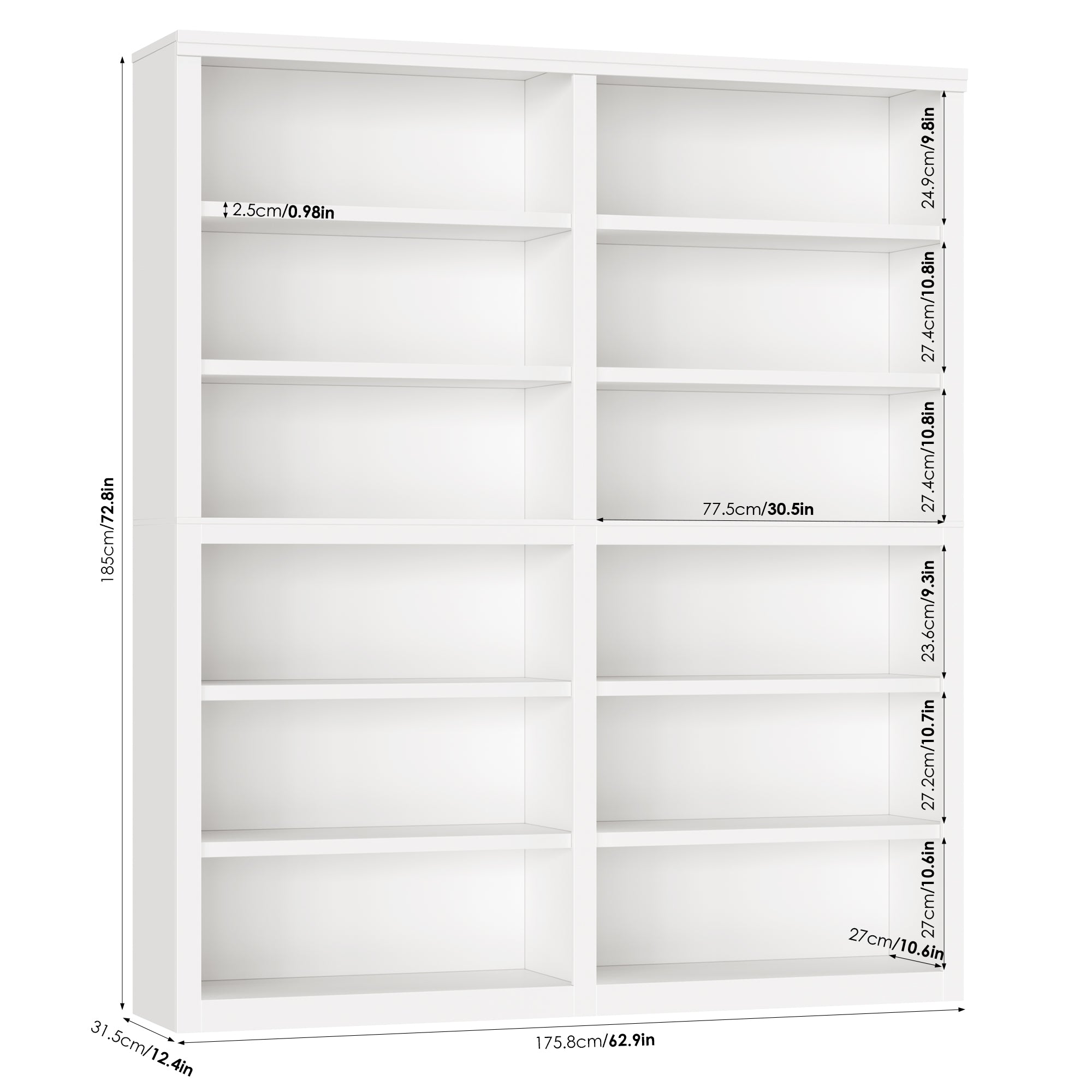 Hiphuta 63"W Extra Large and Sturdy Bookcase, Double Wide 6-Tier Bookshelf, Tall Bookcase for Home Office and Living Room, Wooden Freestanding Display Shelf, White