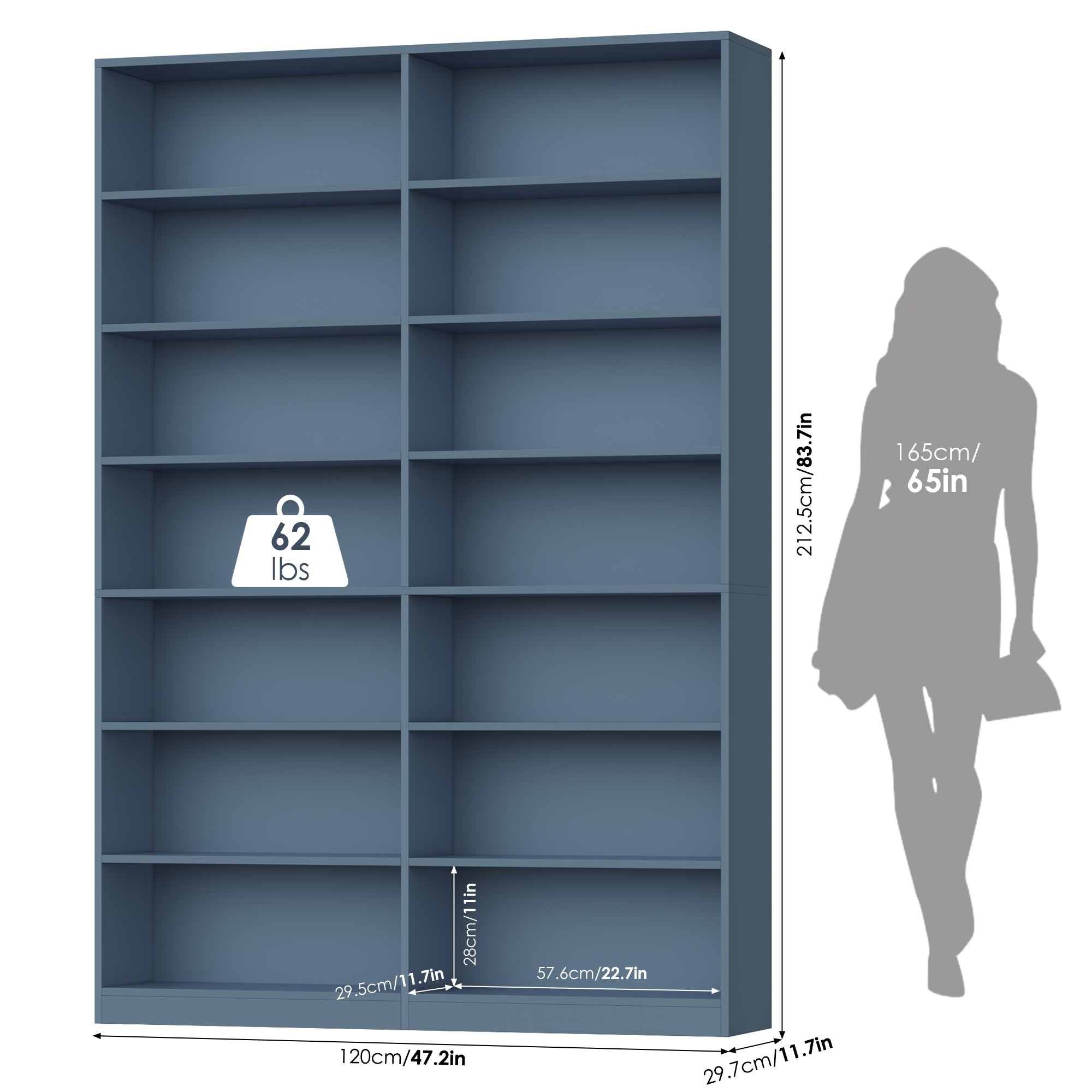 Hiphuta 83.6"H x 47.2"W Wood Double 7-Tier Standard Bookcase, Tall Bookcase for Bedroom, Living Room and Office, Freestanding Display Storage Shelves, Blue
