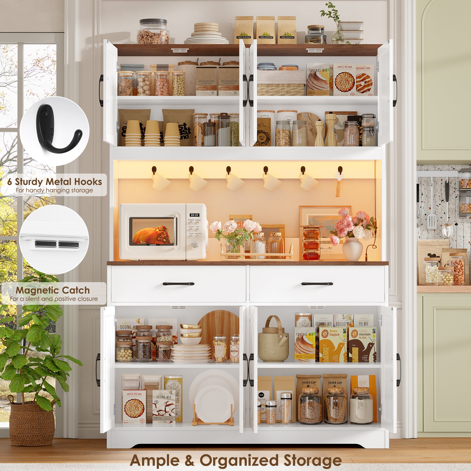 Hiphuta 71" Tall Kitchen Pantry Storage Cabinet with RGB LED and 6 Metal Hooks, Farmhouse Coffee Bar Cabinet with Charging Station, Buffet with Hutch and Microwave Stand, White