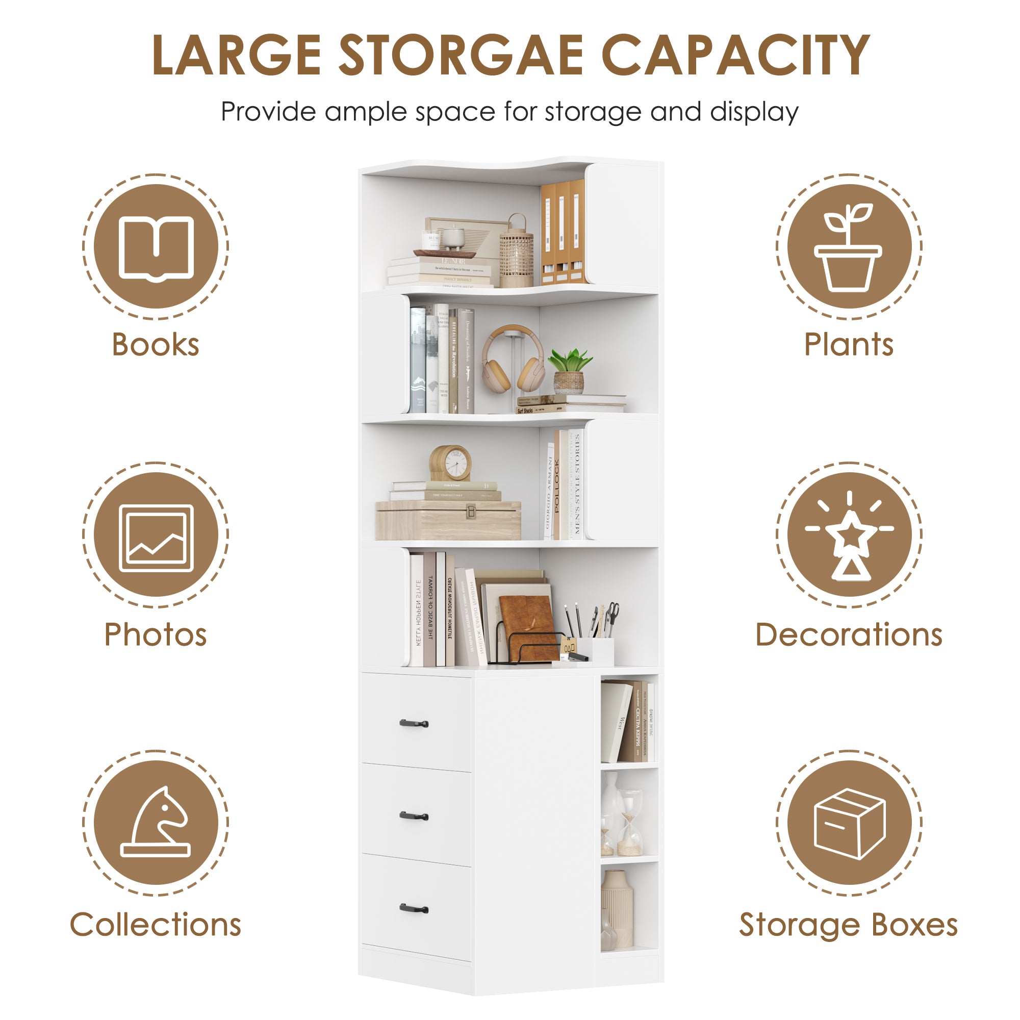 Hiphuta 77"Tall L-Shaped Corner Bookshelf with Drawers and Side Storage, Modern Wood Bookcase with 4-Tier Display Shelves Storage Cabinet for Living Room Home Office , White