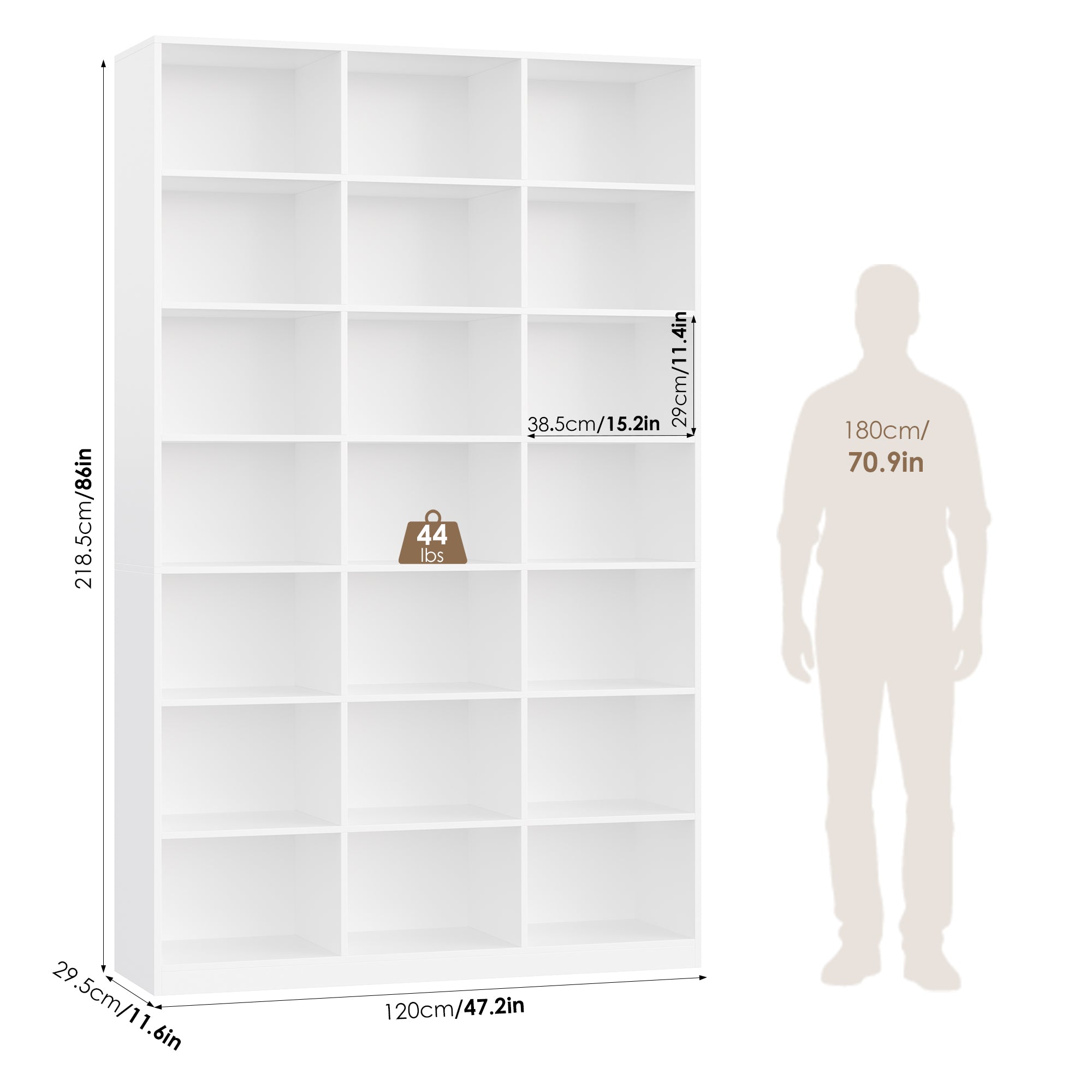 Hiphuta 86"H x 47"W Wood Triple 7-Tier Standard Bookcase, Tall Bookcase for Bedroom, Living Room and Office, Freestanding 21 Cubes Display Storage Shelves, White