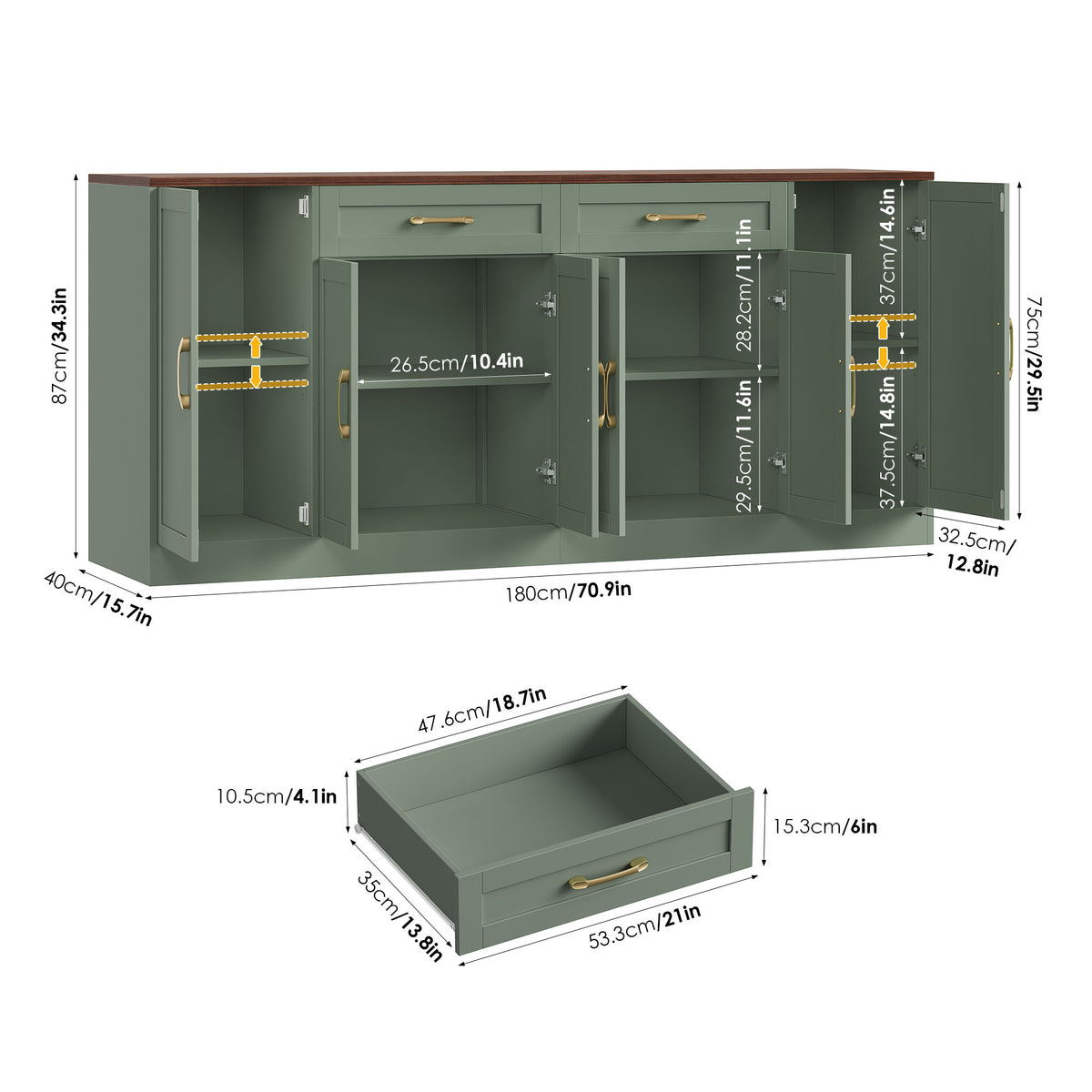 Hiphuta 70.8"W Large Buffet Cabinet with 6 Doors, Modern Farmhouse Sideboard with 2 Drawers, Coffee Bar for Kitchen Dining Room Living Room, Green