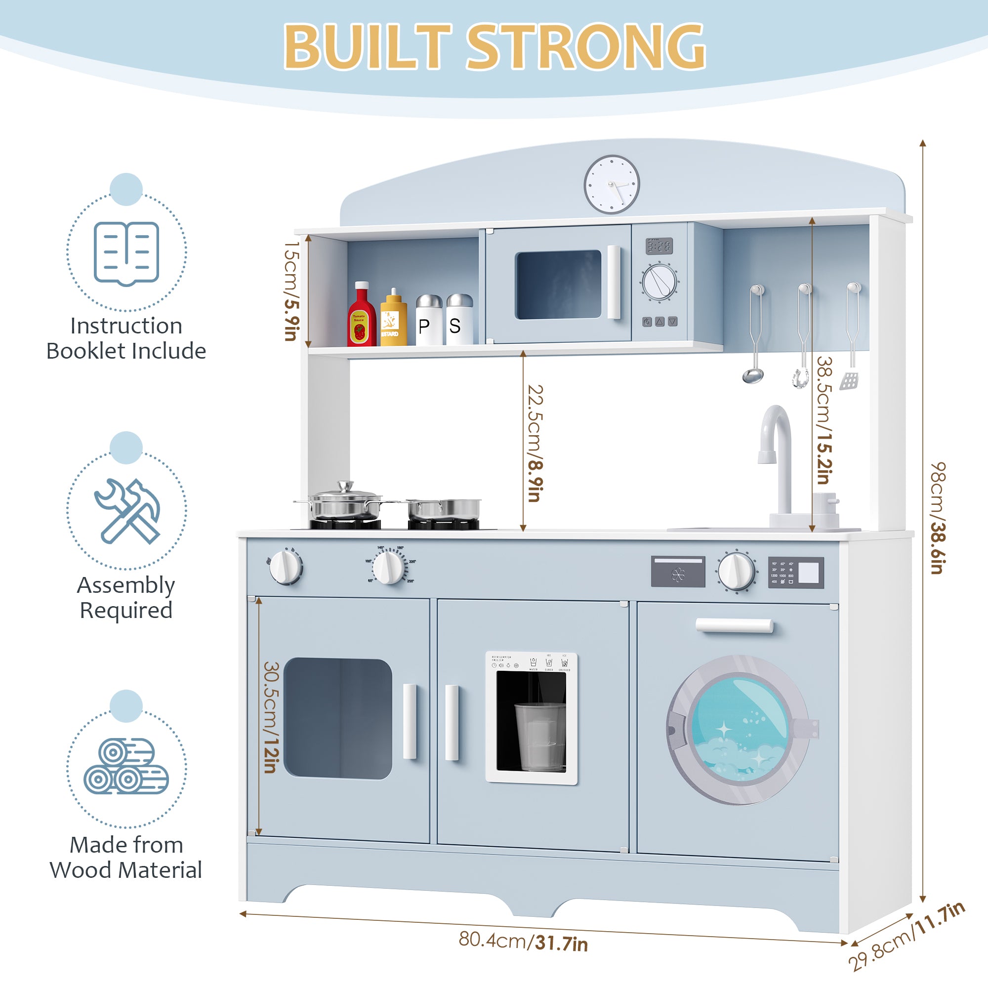 Hiphuta Play Kitchen for Kids, Wooden Kids Kitchen Playset with Plenty of Play Features, Chef Pretend Play Set for Boys and Girls Age Ages 3-10, Toys Kitchen with 11 Pcs Accessories, Blue