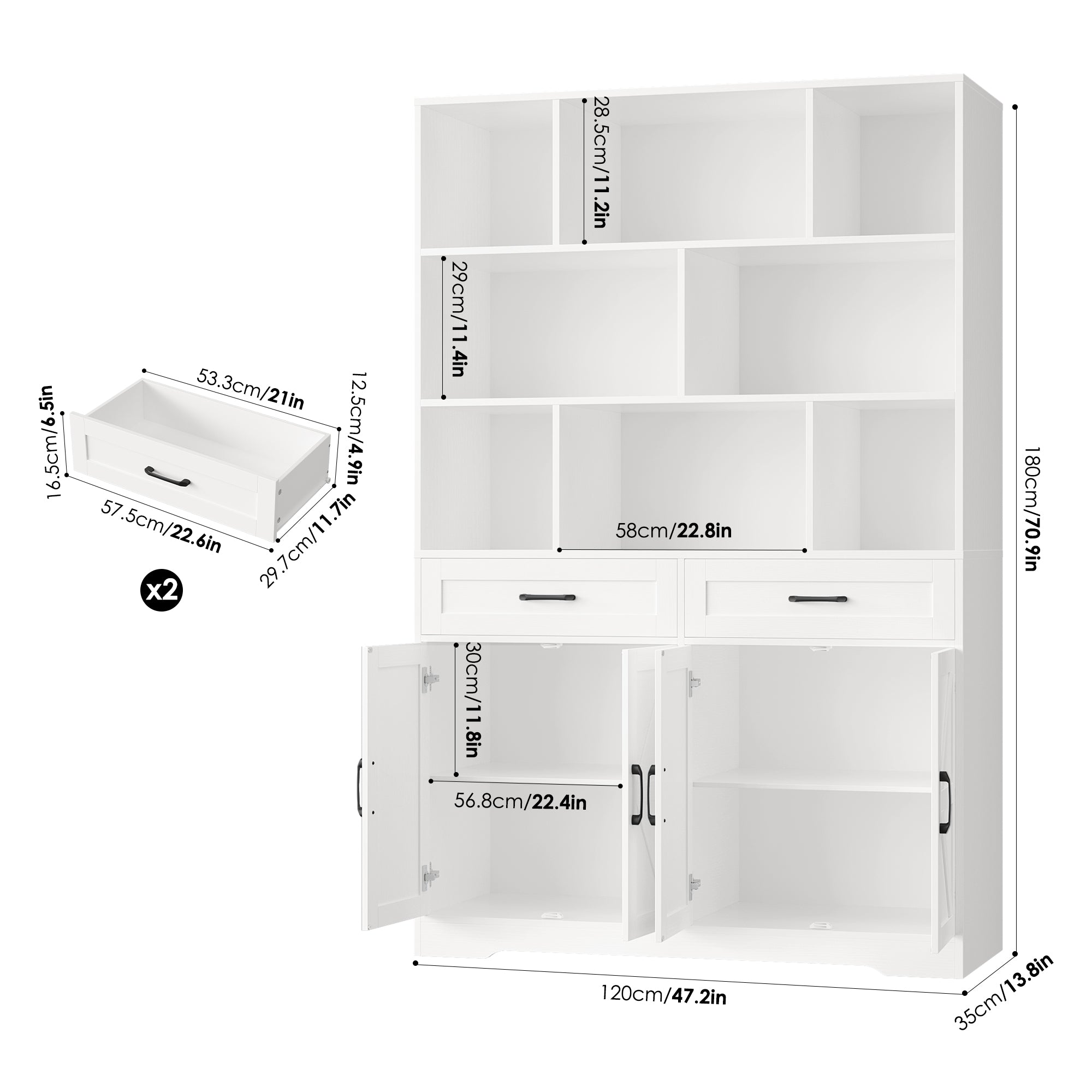 Hiphuta 6-tier Bookcase with Drawers & Doors, 71" Tall Bookcases, Wooden Storage Bookshelf for Living Room Home Office, White