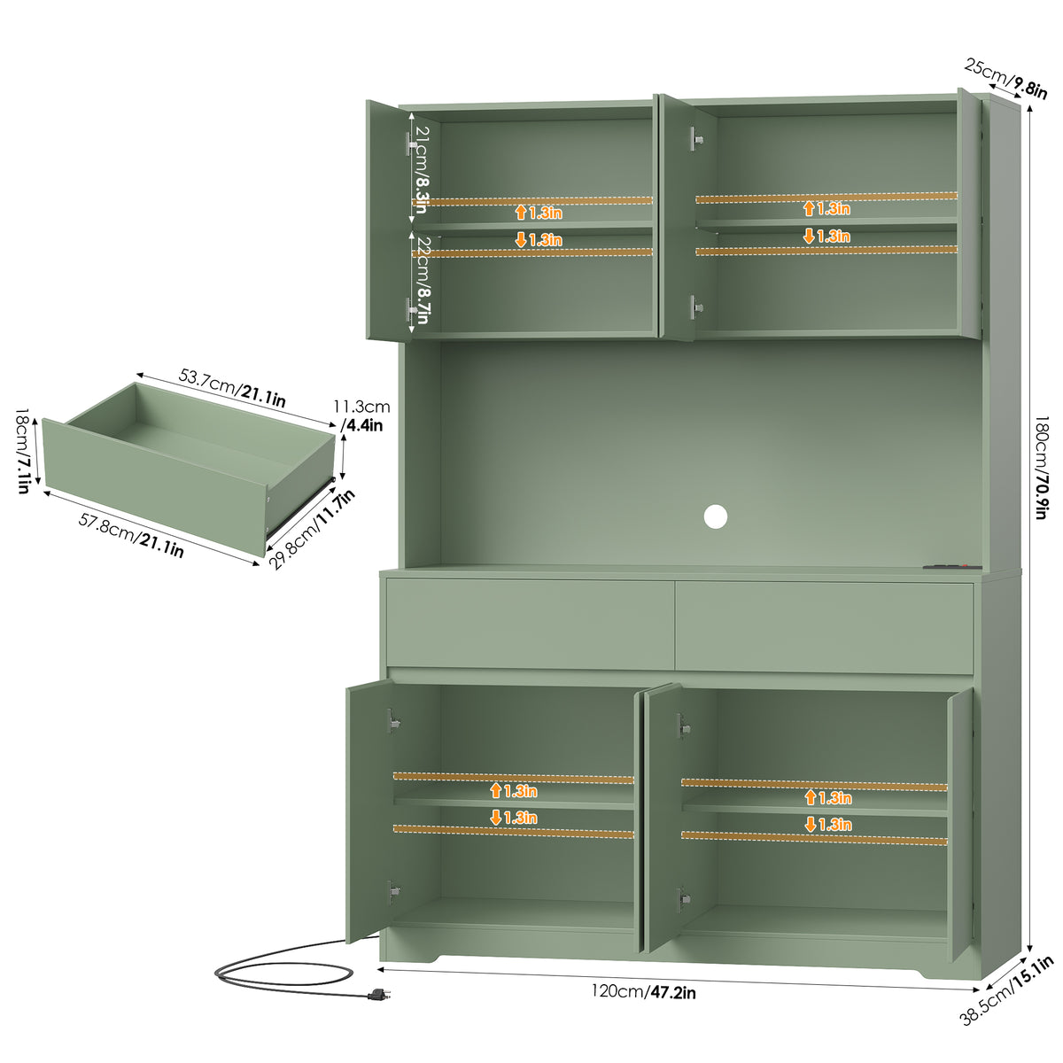 Hiphuta 71"Tall Modern Pantry Cabinet with Charge Station & Led Light, Freestanding Kitchen Hutch Cabinet for Dining Room, Green