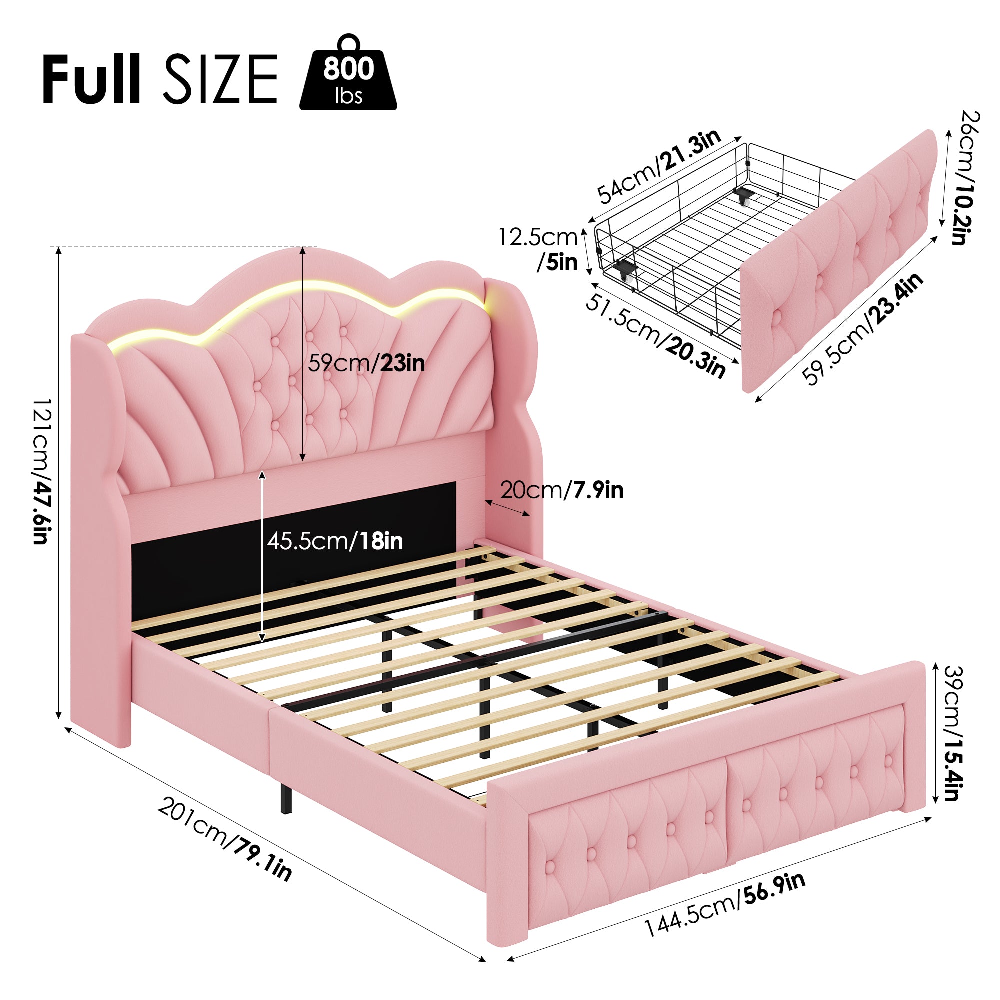 Hiphuta Full LED Bed with 2 Drawers, LED Lights Platform Bed Frame with Upholstered Button Tufted Headboard, No Box Spring Needed, Velvet Pink