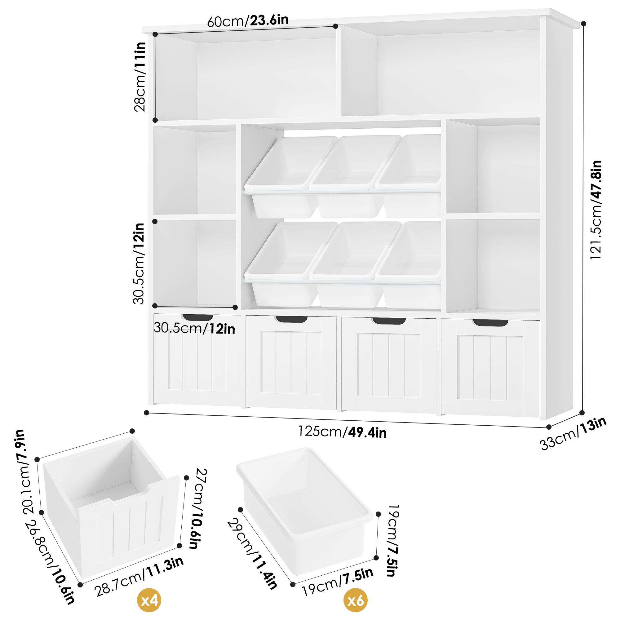 Hiphuta Large 4 Tier Kids Toy Organizer, Wood Toy Organizer of 6 Bins& 4 Removable Drawers, Children's Bookcase for Family Room, White