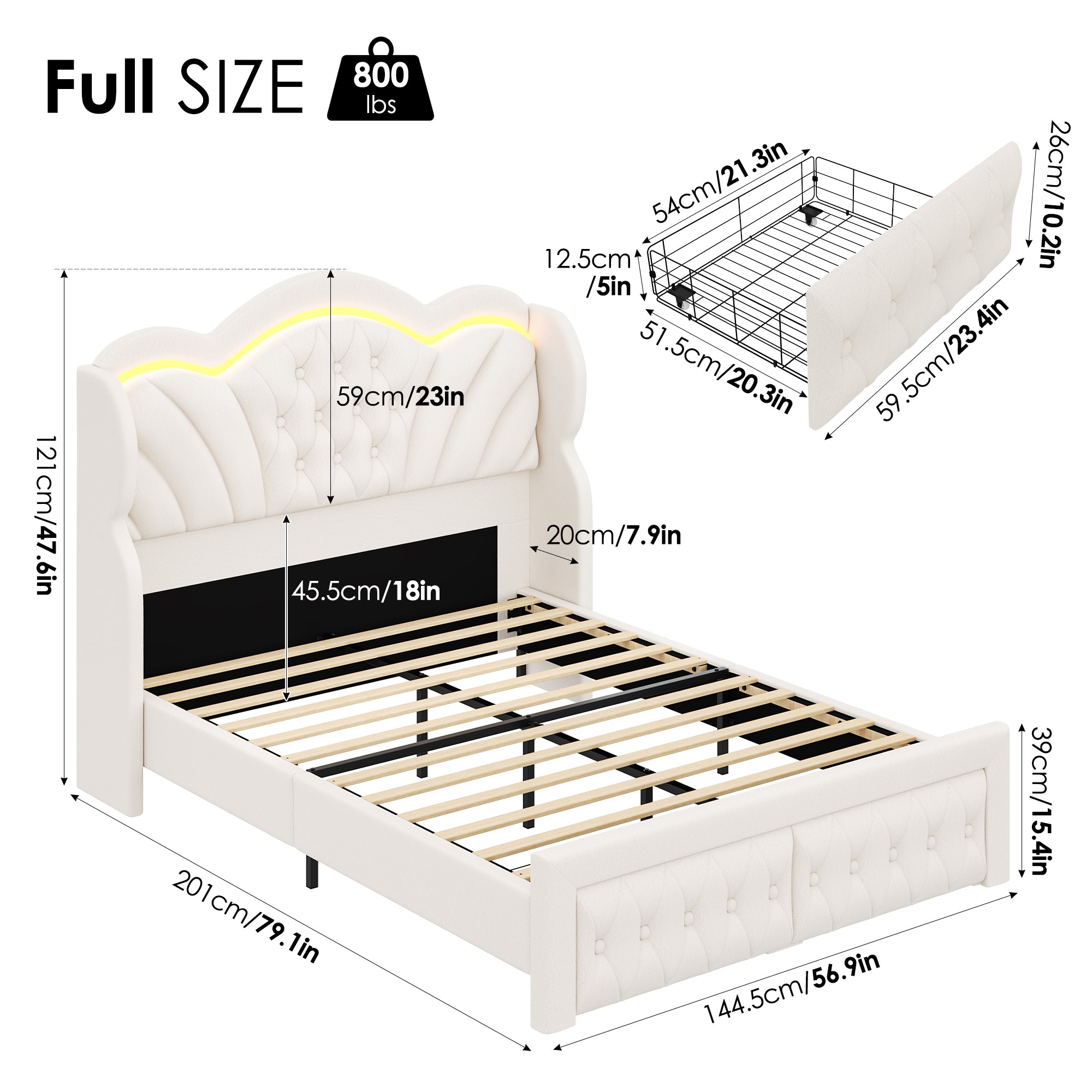 Hiphuta Full LED Bed with 2 Drawers, LED Lights Platform Bed Frame with Upholstered Button Tufted Headboard, No Box Spring Needed, Velvet White