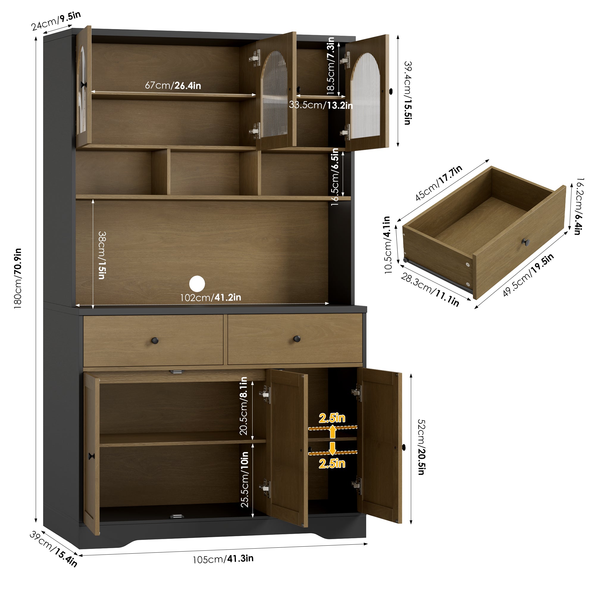 Hiphuta 71"in Modern Kitchen Pantry Storage Cabinet, Freestanding Kitchen Hutch Cabinet with Adjustable Shelves & Microwave Stand, Modern Coffee Hutch for Dining Room, Oak