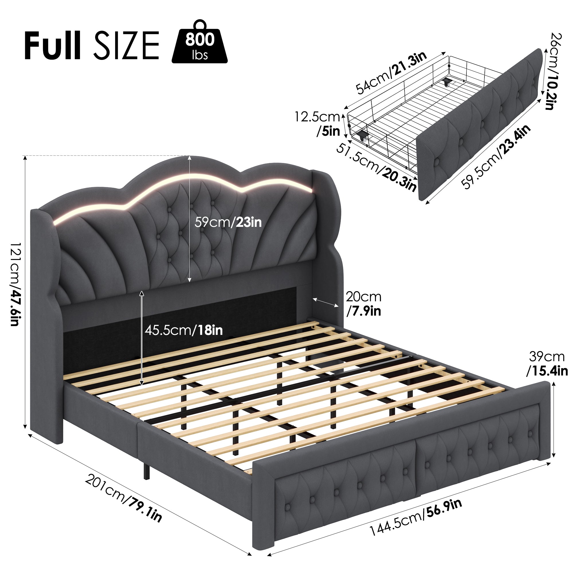 Hiphuta Full LED Bed with 2 Drawers, LED Lights Platform Bed Frame with Upholstered Button Tufted Headboard, No Box Spring Needed, Velvet Gray