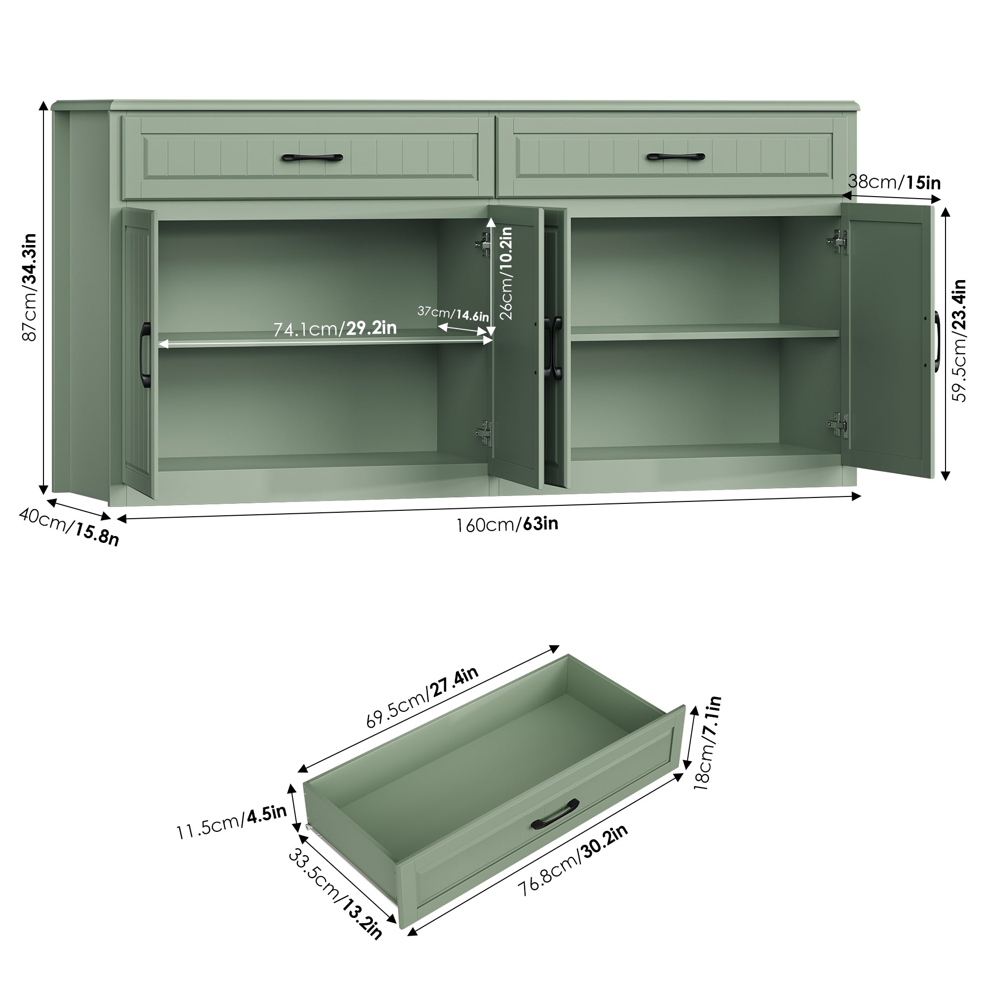 Hiphuta 63"Extended Wide Large Buffet Cabinet with 2 Drawers, Modern Coffee Bar Sideboard with Dusty-proof Base for Living Room and Entryway, Green