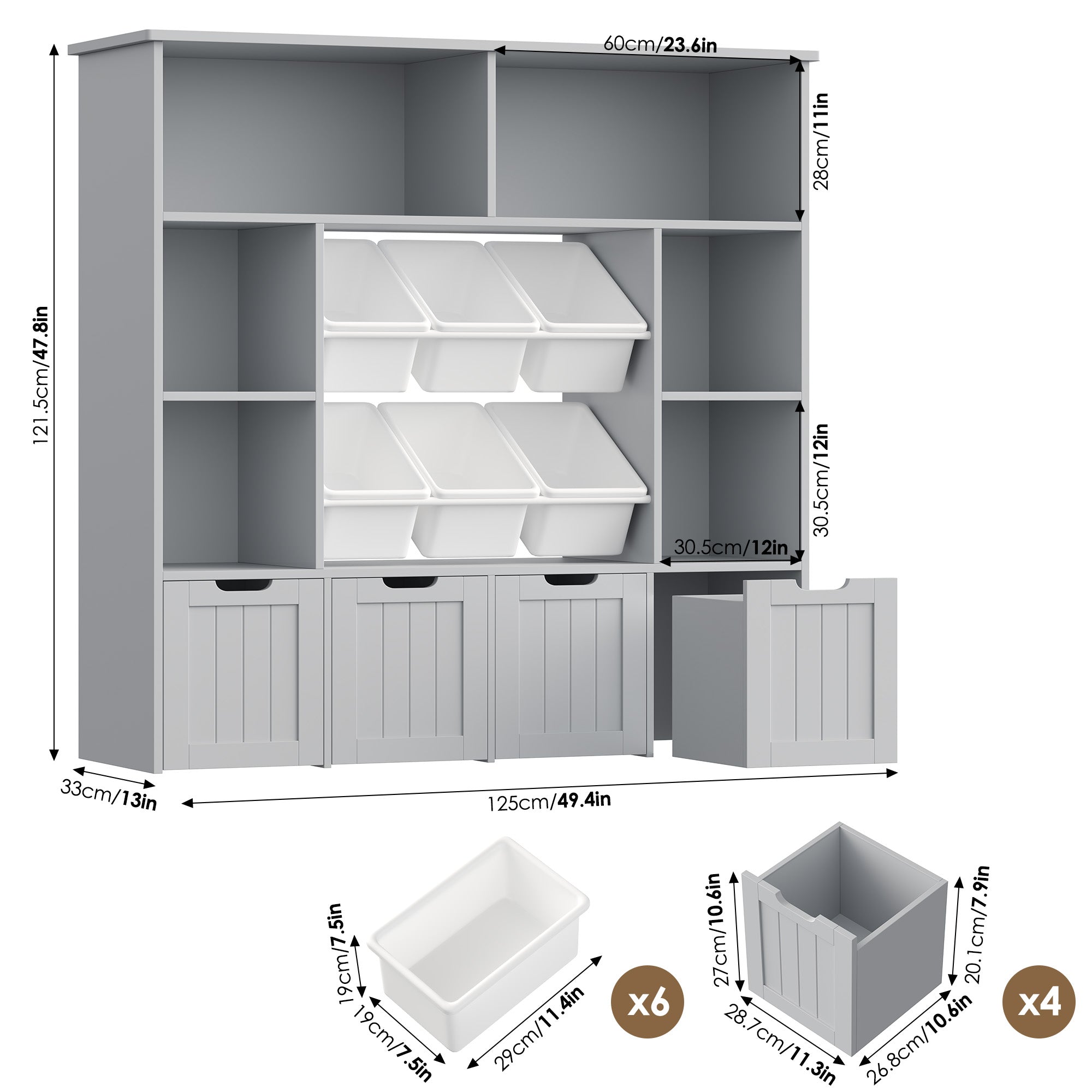 Hiphuta 49" Wide 4-Tier Toy Storage Organizer, Wood Kid Bookcase with 6 Boxes & 4 Removable Drawers, Bookshelf for Kids' Room, Classroom, Gray + White Boxes