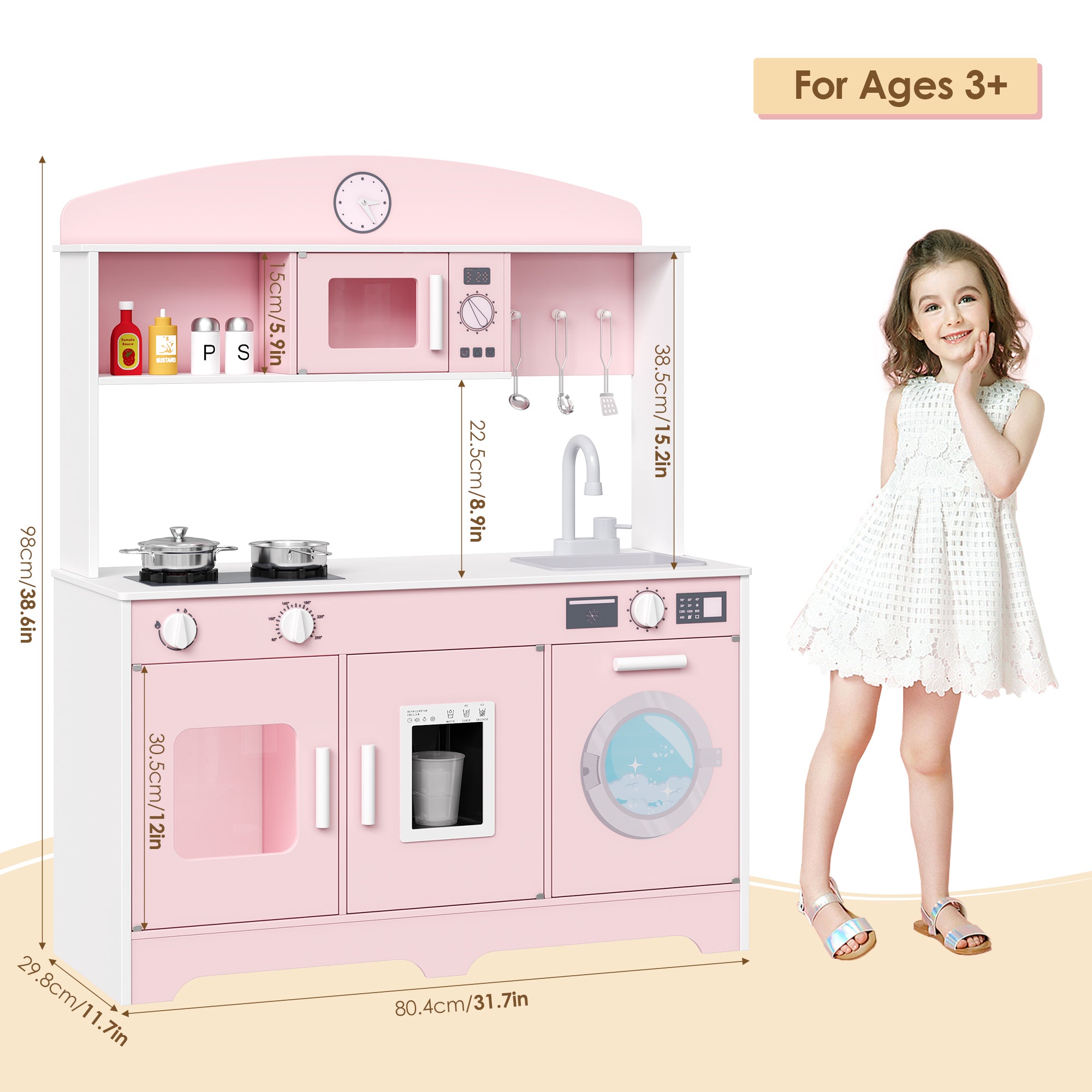 Hiphuta Play Kitchen for Kids, Wooden Kids Kitchen Playset with Plenty of Play Features, Chef Pretend Play Set for Boys and Girls Age Ages 3-10, Toys Kitchen with 11 Pcs Accessories, Pink
