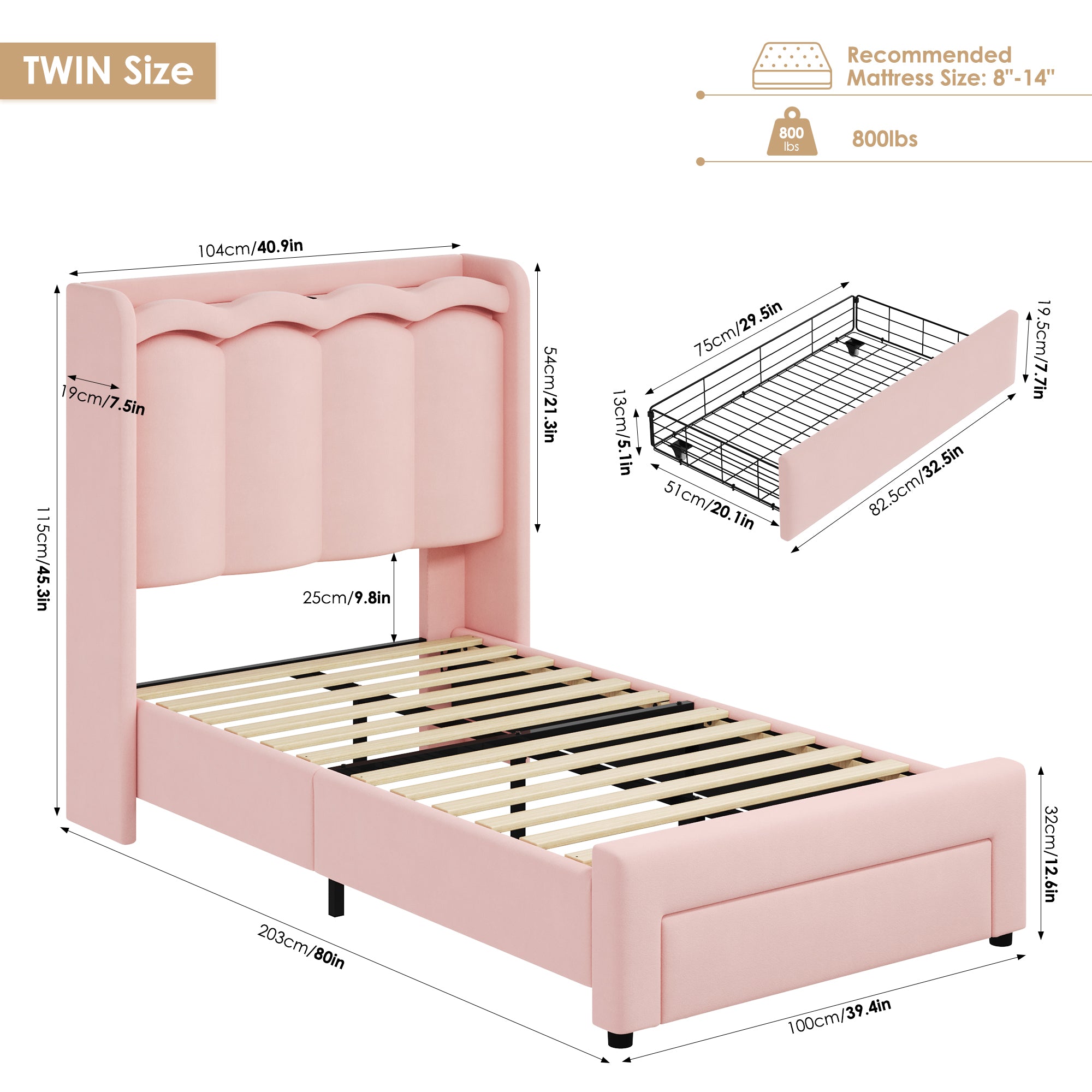 Hiphuta Twin Size Bed with Power Outlet & LED, Upholstered Princess Beds with Drawer, Twin Beds with Headboard Storage, Pink