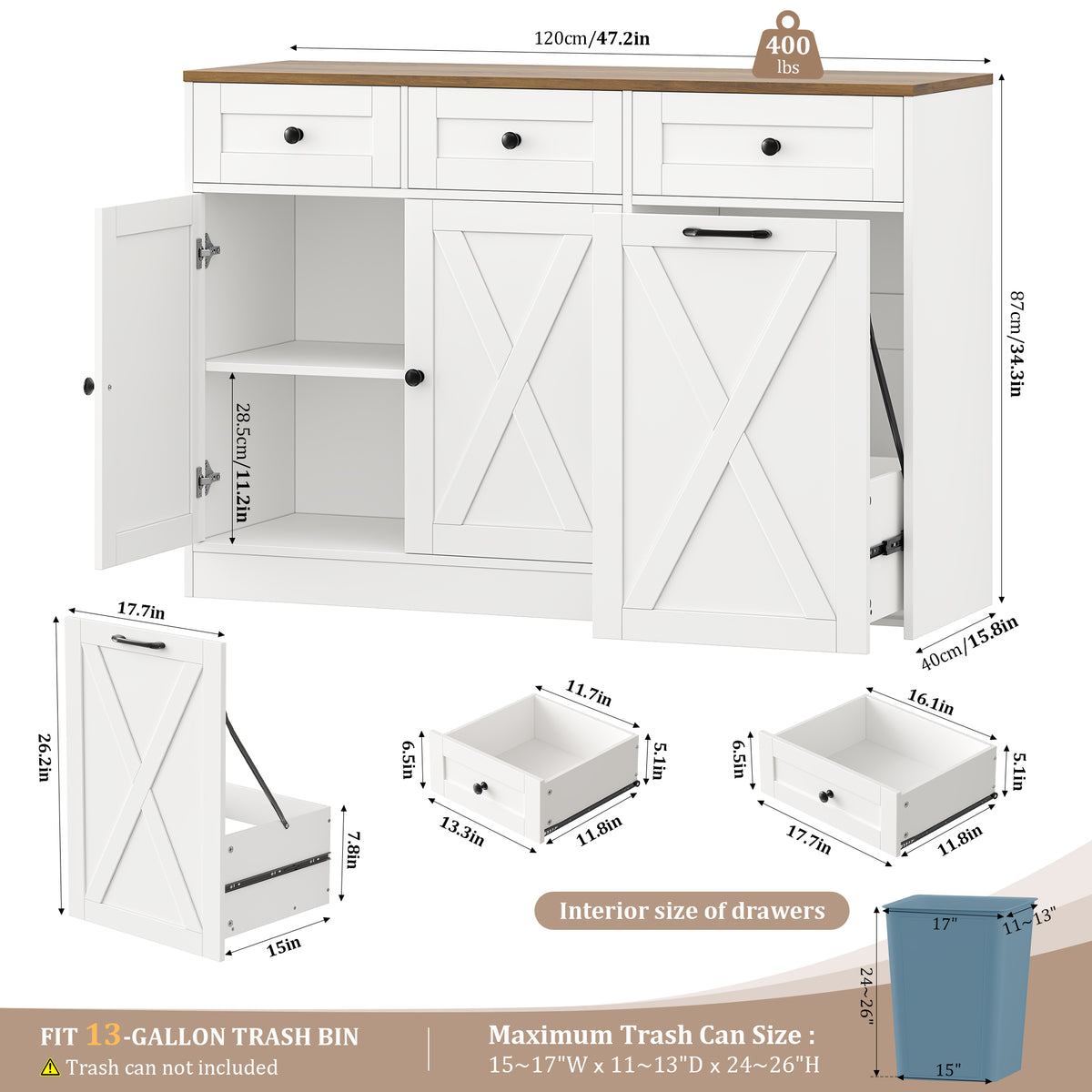 Hiphuta Trash Can Buffet Cabinet Fits 13 Gallon, 47"W Farmhouse Credenza Sideboard with Hidden Garbage Can Cabinet for Dining and Living Room, White