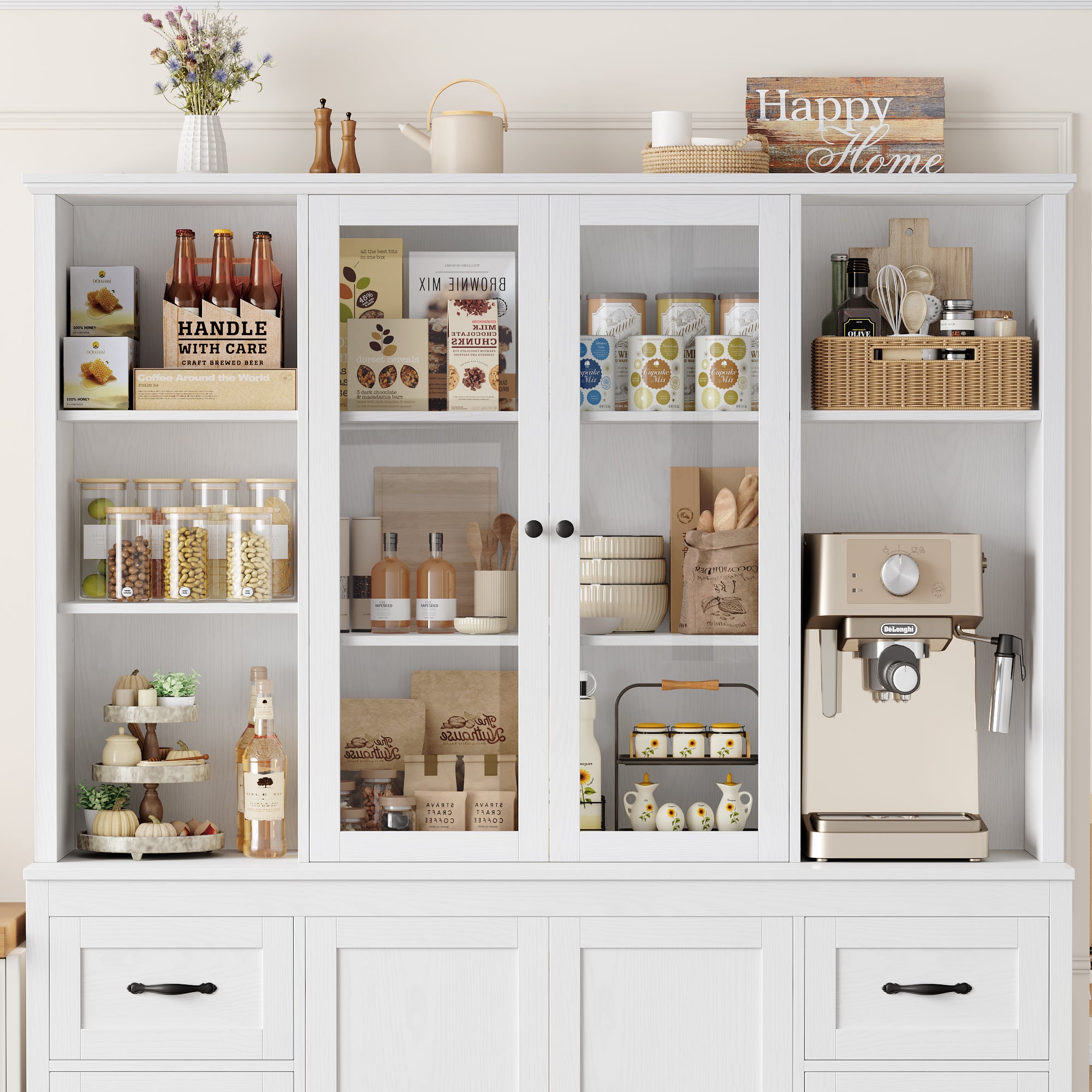 Hiphuta 63" Wide Large Kitchen Pantry Cabinet with Glass Door, 74" Tall Kitchen Storage Cabinet with 6 Drawers, Farmhouse kitchen Hutch for Kitchen Dining Room, White