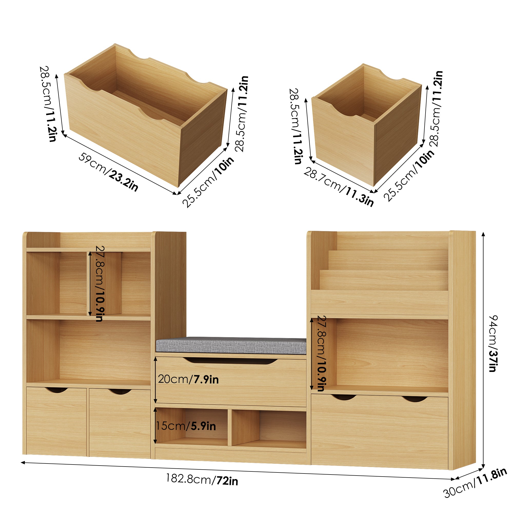 Hiphuta 72"Wide Kids Bookshelf with Reading Nook and Under Bench Storage, Kids Bookcase with Toy Organizer & Book Rack for Kids, Natural