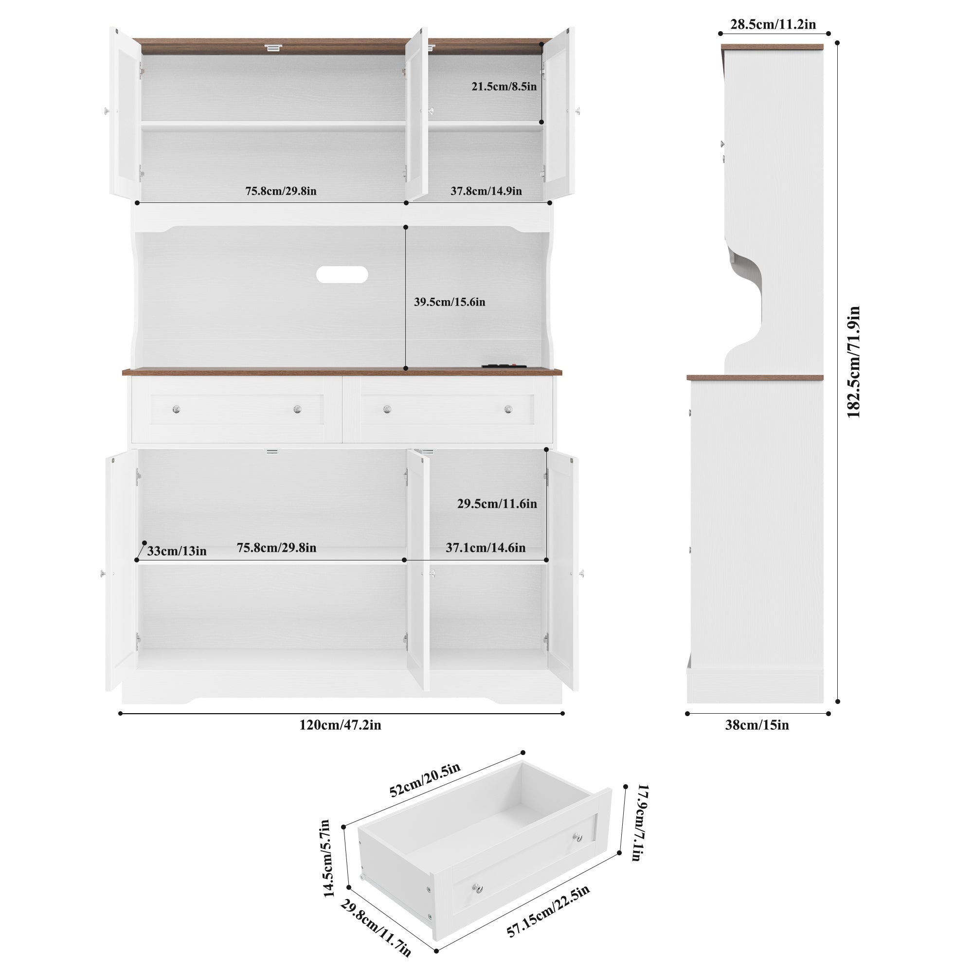 Hiphuta 72” Tall Kitchen Pantry Storage Cabinet with Power Outlet, Freestanding Cupboard Storage Buffet Hutch with Microwave Stand, Storage Pantry with Drawers & Glass Doors, White